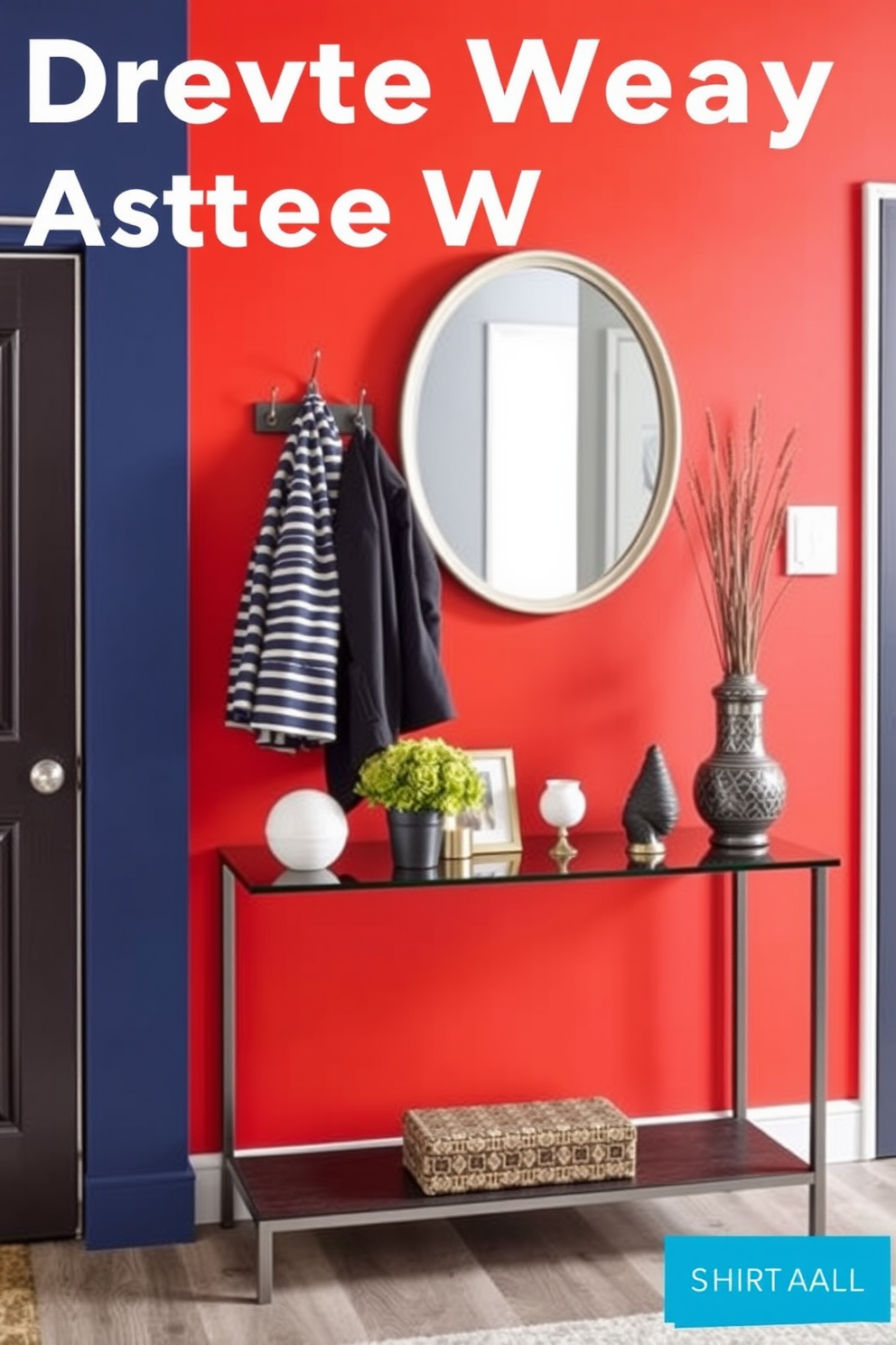 Create an entryway featuring an accent wall painted in a bold and vibrant color. The wall is adorned with stylish hooks for hanging coats and a sleek console table below, complemented by decorative items and a mirror above.