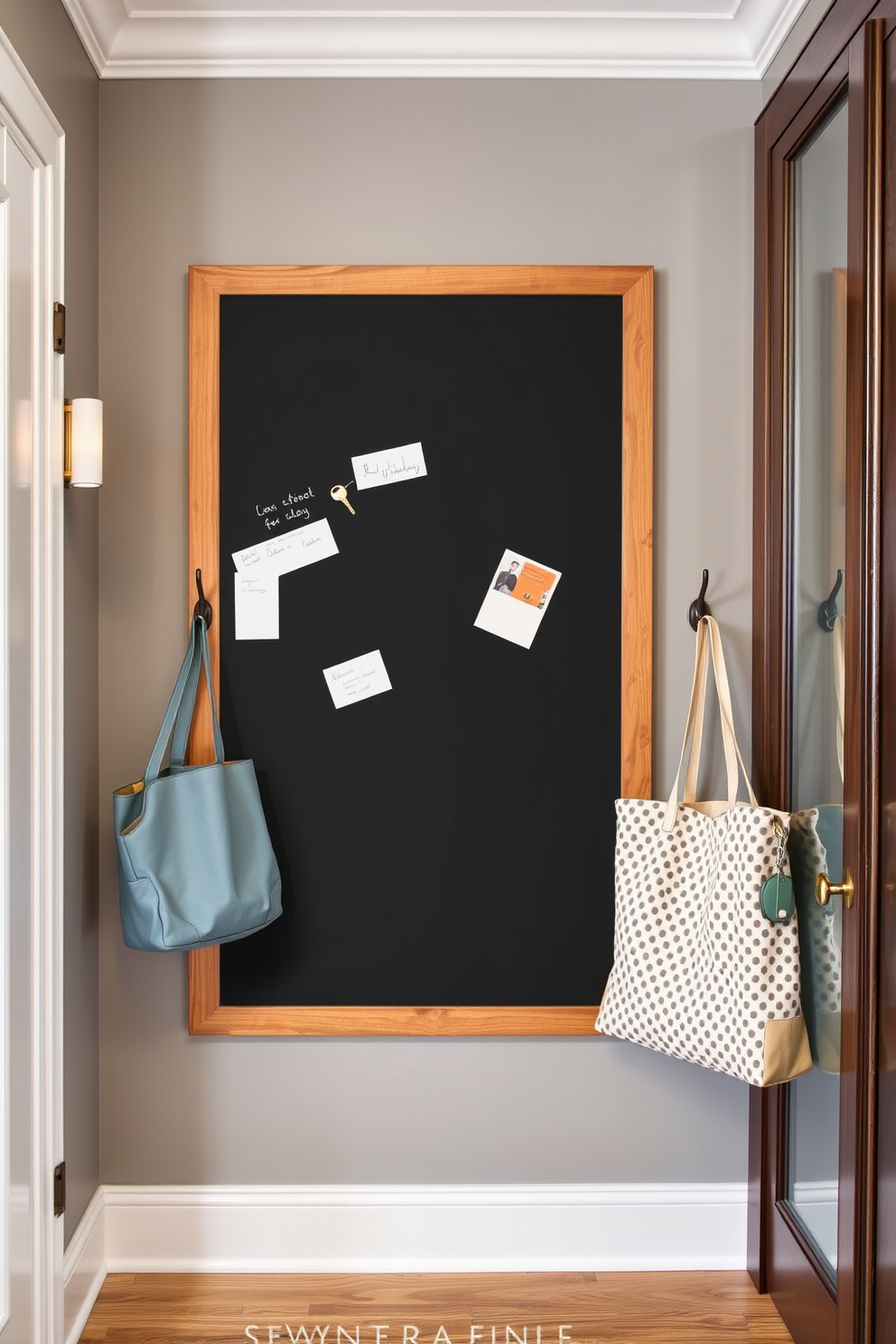 A stylish entryway featuring a corkboard wall designed for notes and reminders. The corkboard is framed in a sleek wooden border and is surrounded by hooks for hanging keys and bags.