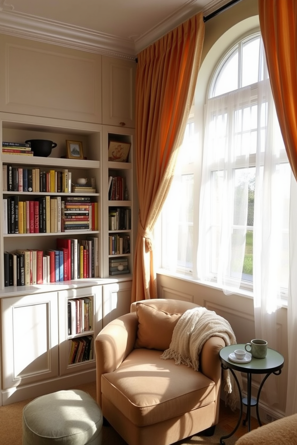 A cozy reading nook is nestled in a sunlit corner featuring a plush armchair in soft fabric. A built-in bookshelf extends along the wall, filled with an array of colorful books and decorative items. The nook is adorned with a small side table that holds a steaming cup of tea and a soft throw blanket draped over the armchair. Large windows dressed with sheer curtains allow natural light to flood the space, creating an inviting atmosphere.