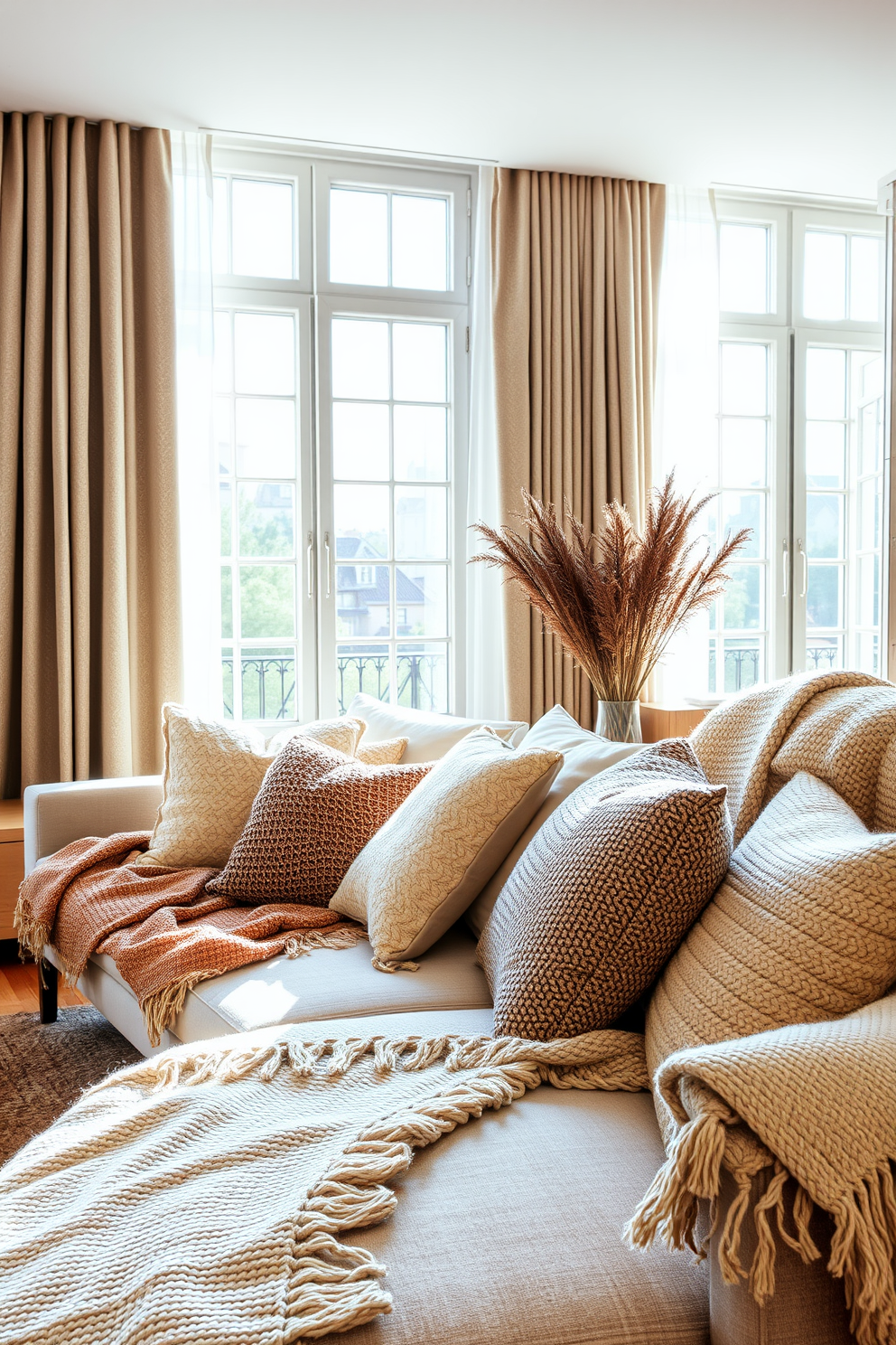 Textured fabrics create a cozy atmosphere in a European apartment. Plush cushions and woven throws are layered on a sleek modern sofa, inviting relaxation and comfort. Natural light streams through large windows, highlighting the rich textures of the curtains and upholstery. A mix of warm wood tones and soft neutrals enhances the inviting ambiance of the space.