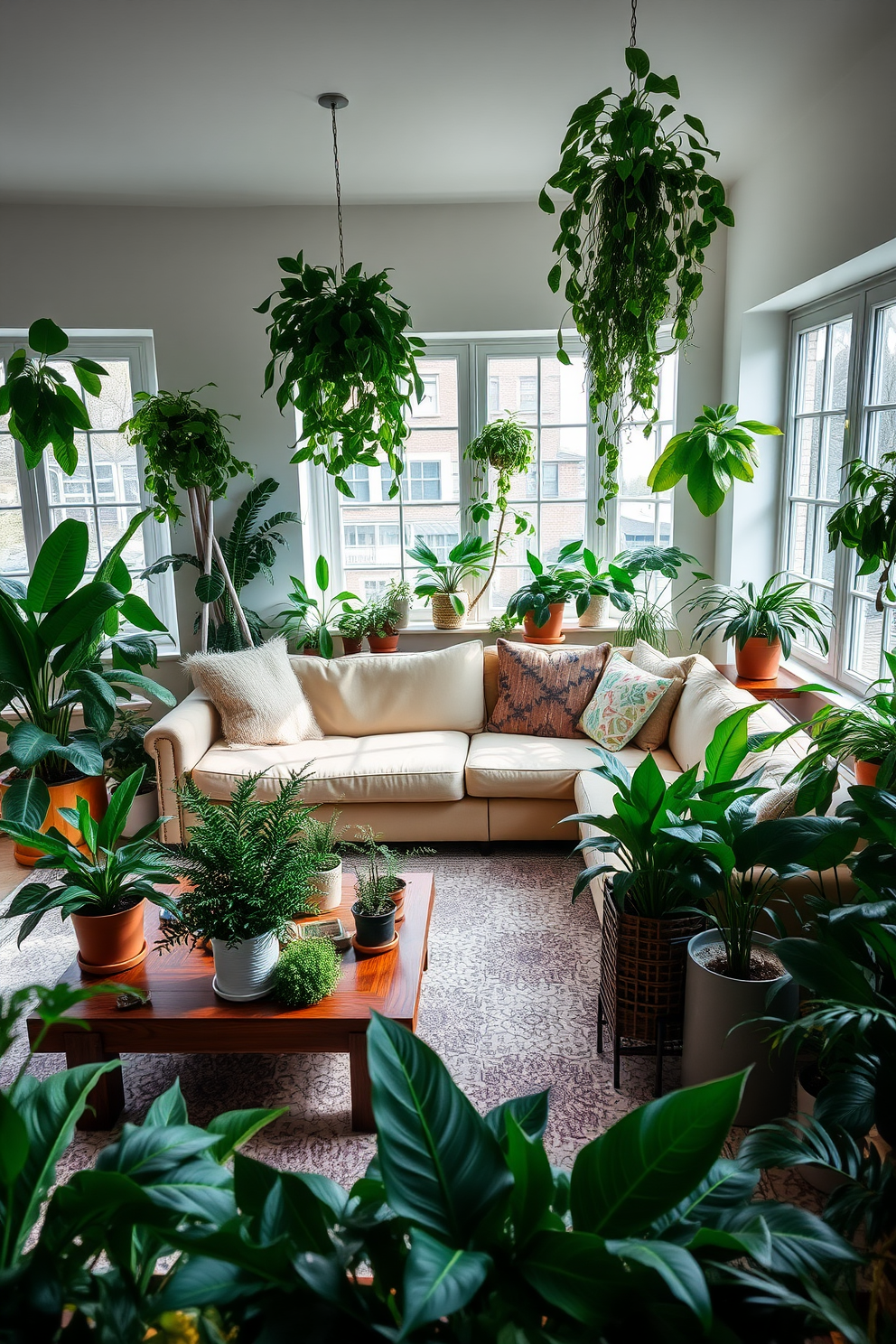 A cozy living room filled with lush indoor plants that enhance the fresh atmosphere. The space features a stylish sectional sofa in neutral tones, complemented by a wooden coffee table adorned with a variety of potted greenery. Large windows allow natural light to flood the room, creating a vibrant and inviting ambiance. The walls are painted in soft pastels, and a patterned area rug ties the space together, providing warmth and texture.