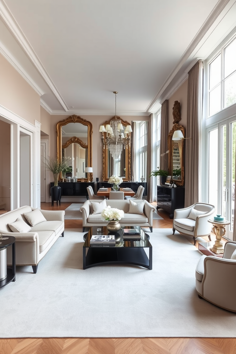 A chic European apartment featuring statement mirrors that amplify the sense of space. The living area boasts an open layout with large windows allowing natural light to flood in, highlighting the elegant furnishings and decor.