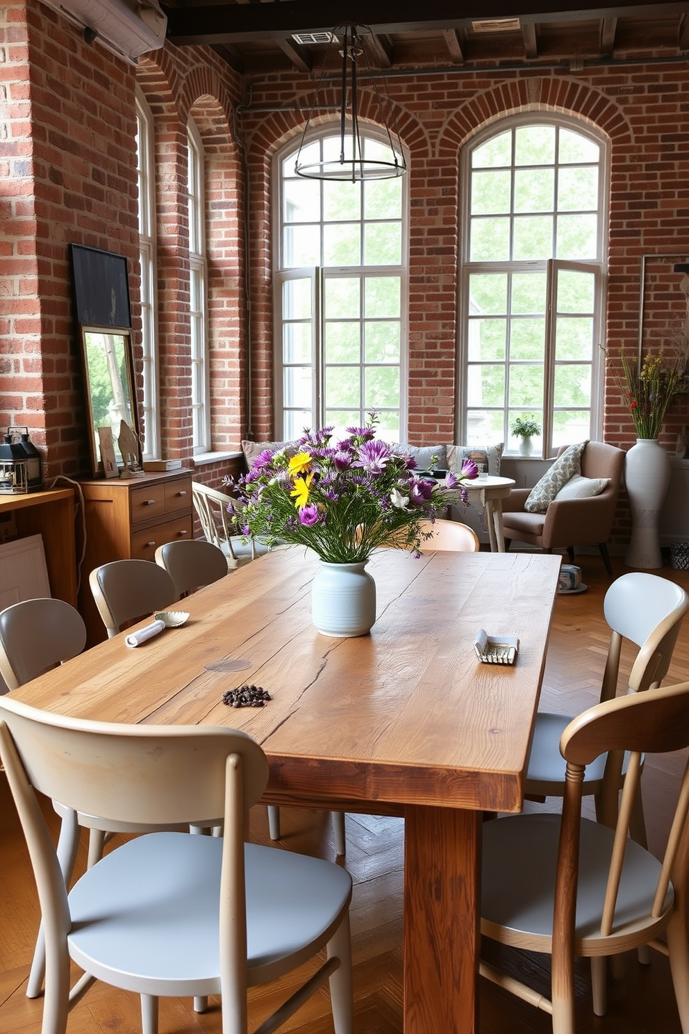 A rustic wooden dining table is adorned with a centerpiece of fresh wildflowers in a simple ceramic vase. Surrounding the table are mismatched chairs that add character, with soft, muted tones complementing the warm wood. The dining area features exposed brick walls that enhance the European apartment aesthetic. Large windows allow natural light to flood the space, highlighting the cozy ambiance created by soft textiles and warm lighting.