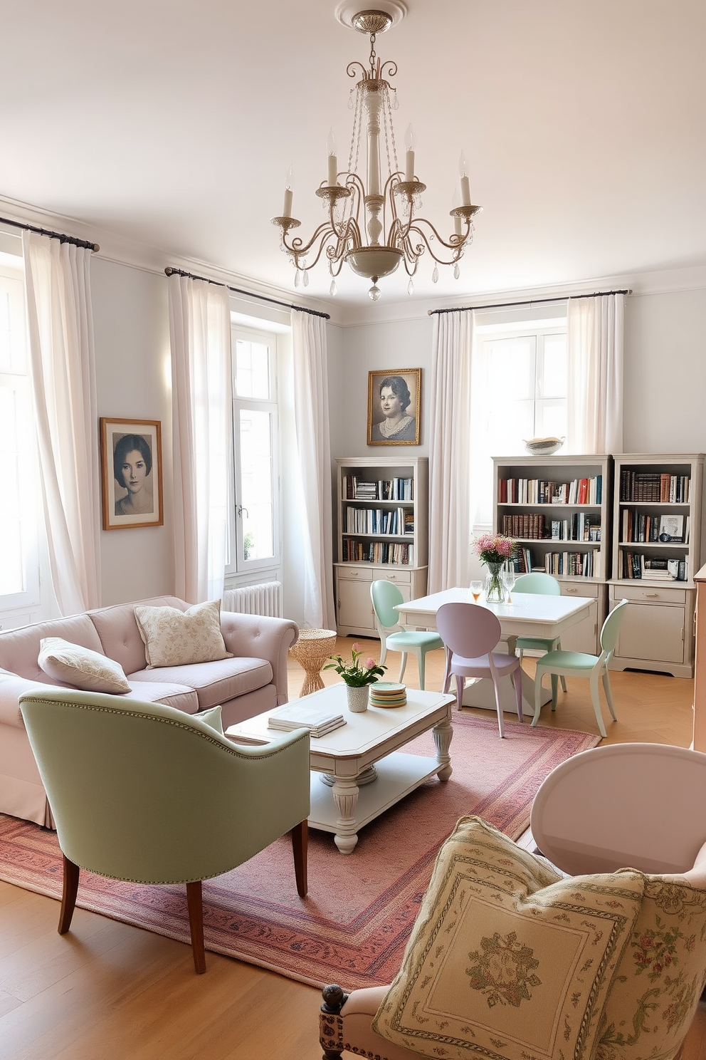 A serene European apartment featuring soft pastel hues that create a calming atmosphere. The living room is adorned with a plush light pink sofa complemented by mint green accent chairs and a delicate white coffee table. Natural light floods the space through large windows dressed in sheer curtains. A cozy reading nook is created with a small bookshelf filled with soft-covered books and a comfortable armchair in pale lavender. The dining area showcases a rustic wooden table surrounded by mismatched pastel chairs. A stunning chandelier hangs above, casting a warm glow over the space, enhancing the inviting ambiance.