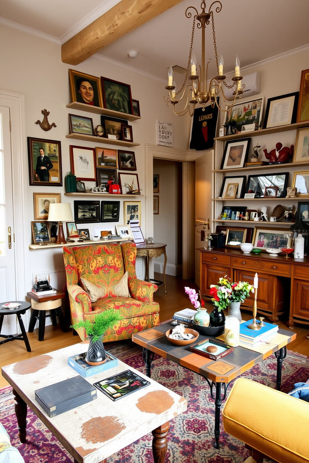 A charming European apartment filled with quirky antiques that add unique character to the space. The living room features a vintage armchair upholstered in a bold fabric, complemented by a mismatched coffee table adorned with eclectic decor items. The walls are lined with shelves showcasing an array of quirky collectibles and framed artwork. A retro chandelier hangs from the ceiling, casting a warm glow over the room and highlighting the blend of old and new styles.