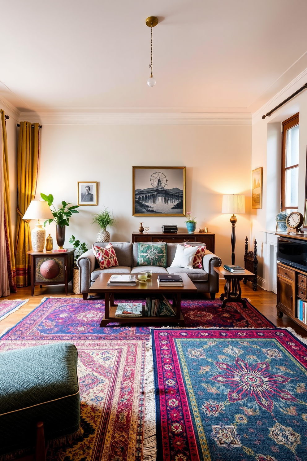 A cozy European apartment featuring bold patterned rugs that add visual interest to the space. The living area is adorned with eclectic furniture pieces and warm lighting, creating an inviting atmosphere.