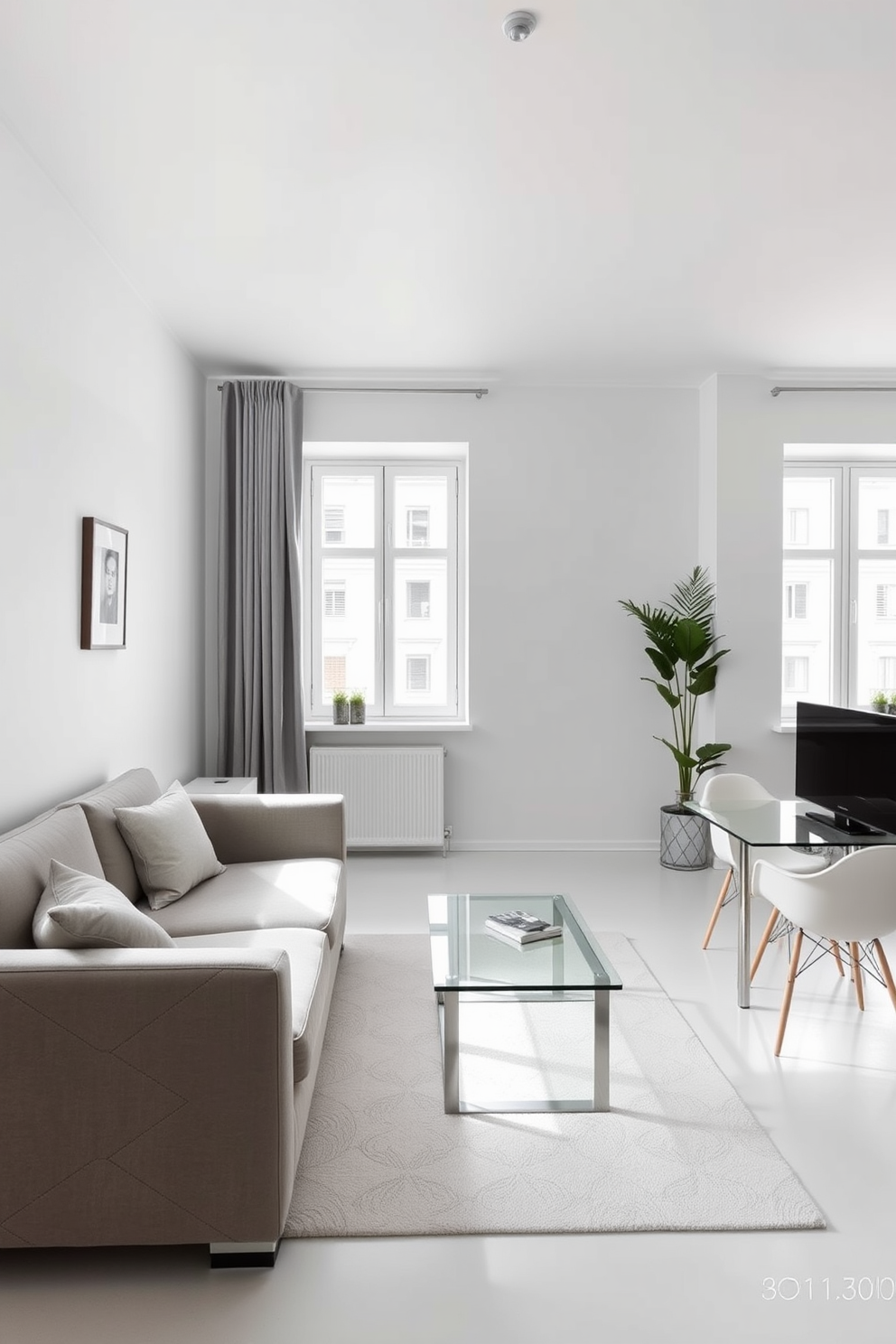 A minimalist European apartment featuring functional furniture. The living area includes a sleek sofa, a glass coffee table, and a compact dining set that blends seamlessly with the open layout. Natural light floods the space through large windows, highlighting the neutral color palette of whites and grays. Simple yet elegant decor elements, such as a single piece of art on the wall and a few potted plants, enhance the overall aesthetic without cluttering the environment.