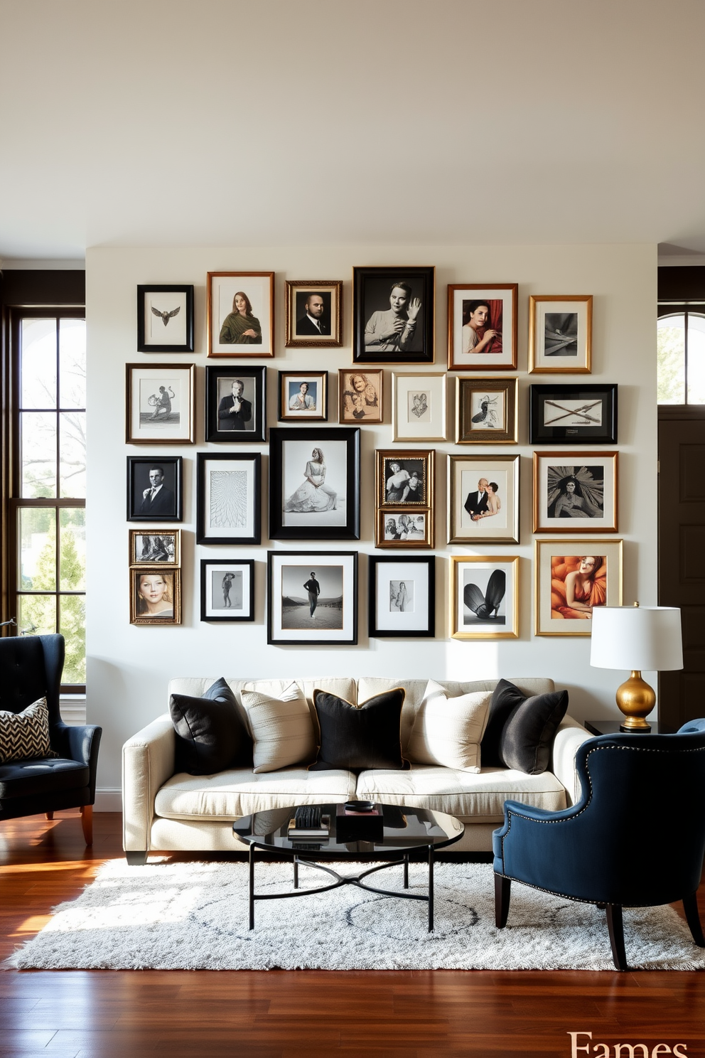 A gallery wall adorned with a curated collection of personal artwork. The pieces vary in size and style, framed in elegant black and gold frames, creating a striking focal point in the living area. The surrounding space features a cozy seating arrangement with a plush sofa and accent chairs. Natural light floods in through large windows, highlighting the warm tones of the wooden flooring and the soft textures of the furnishings.