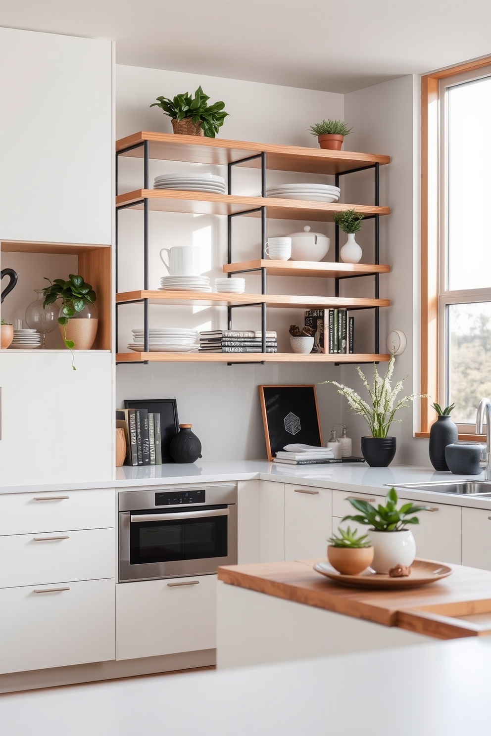 Open shelving enhances kitchen functionality while adding a modern touch. The shelves are filled with stylish dishware, plants, and cookbooks, creating an inviting atmosphere. The kitchen features a sleek design with a blend of warm wood tones and crisp white cabinetry. Natural light floods the space through large windows, highlighting the minimalist decor and elegant accessories.