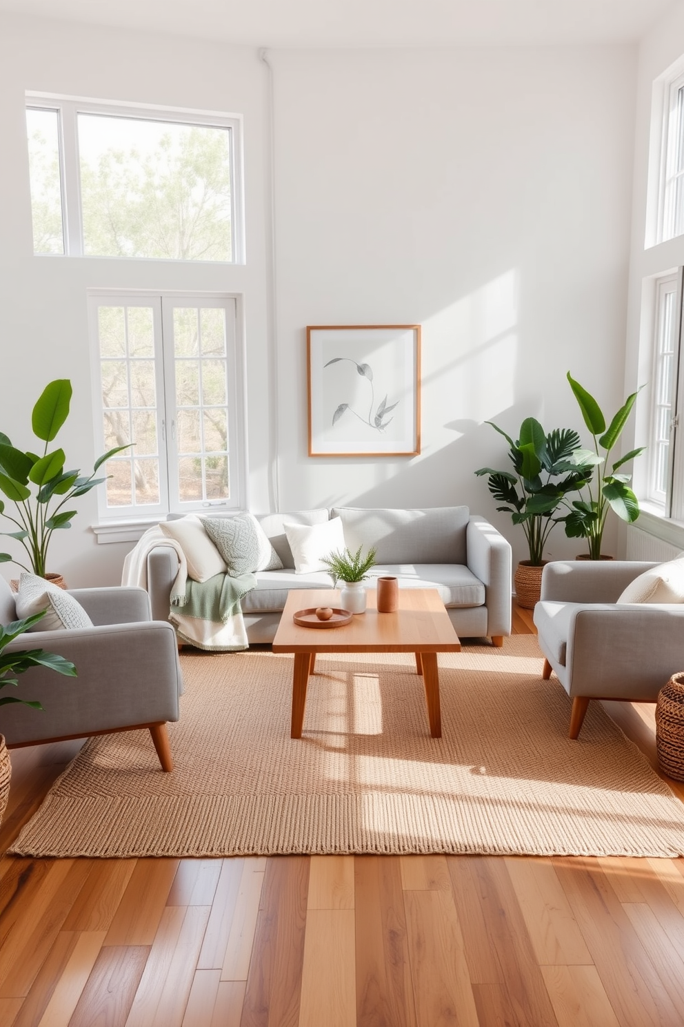 A cozy living room featuring a light wood coffee table surrounded by a plush gray sofa and two armchairs. Large windows allow natural light to flood the space, highlighting the soft textures and neutral color palette. The walls are adorned with minimalist artwork, and a woven rug adds warmth to the wooden floor. Potted plants in the corners bring a touch of nature indoors, enhancing the serene atmosphere.