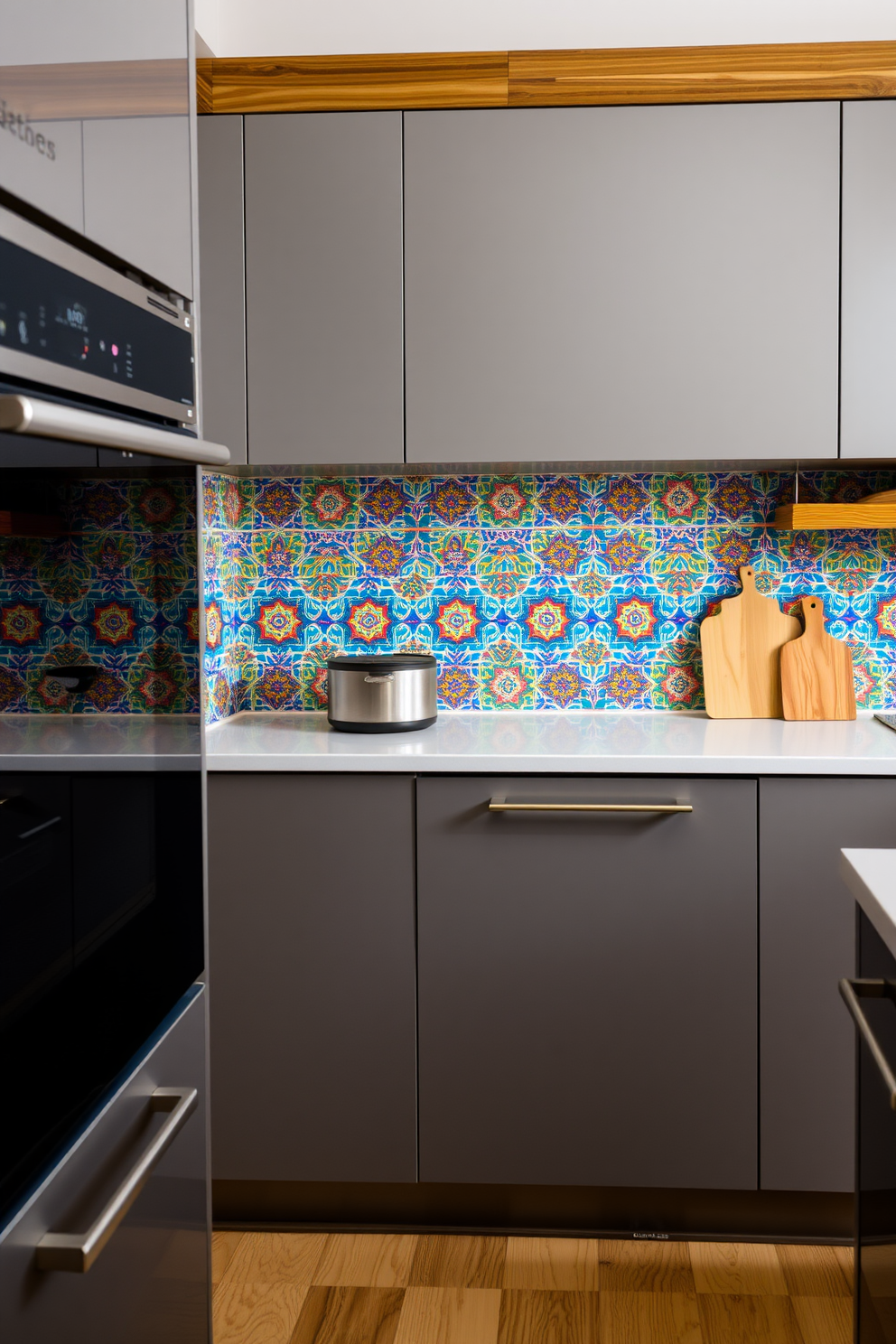 A vibrant kitchen area with a colorful tile backsplash featuring intricate geometric patterns. The cabinetry is sleek and modern, complemented by stainless steel appliances and warm wooden accents.