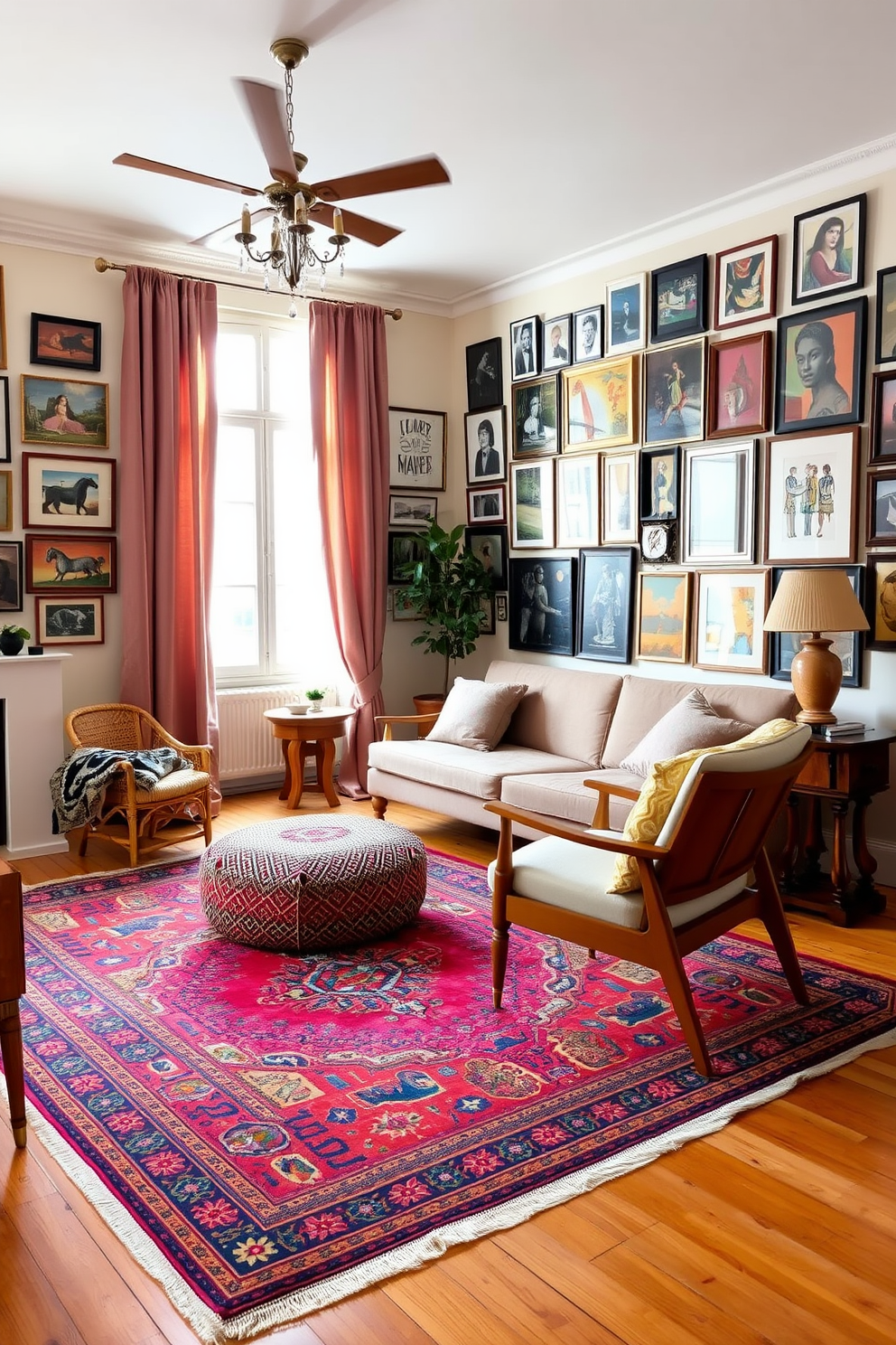 An eclectic European apartment filled with a mix of global decor elements. The living room features a vibrant Persian rug layered over hardwood floors, complemented by a vintage Moroccan pouf and Scandinavian-style furniture. The walls are adorned with a gallery of framed art pieces from various cultures, creating a colorful focal point. A large window lets in natural light, illuminating a cozy reading nook with a plush armchair and a small, intricately carved side table.