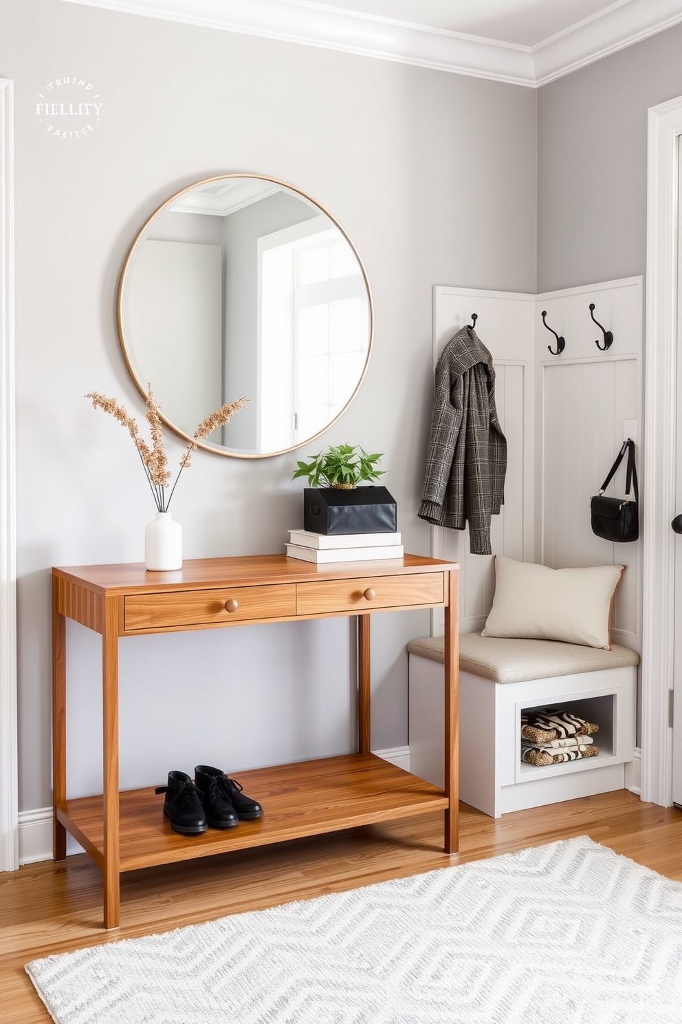 Functional entryway with stylish storage. The space features a sleek console table with a warm wood finish, complemented by a large round mirror above it. To the side, there is a built-in bench with plush cushions and hooks for hanging coats. The walls are painted in a soft gray hue, and the floor is adorned with a chic patterned rug.