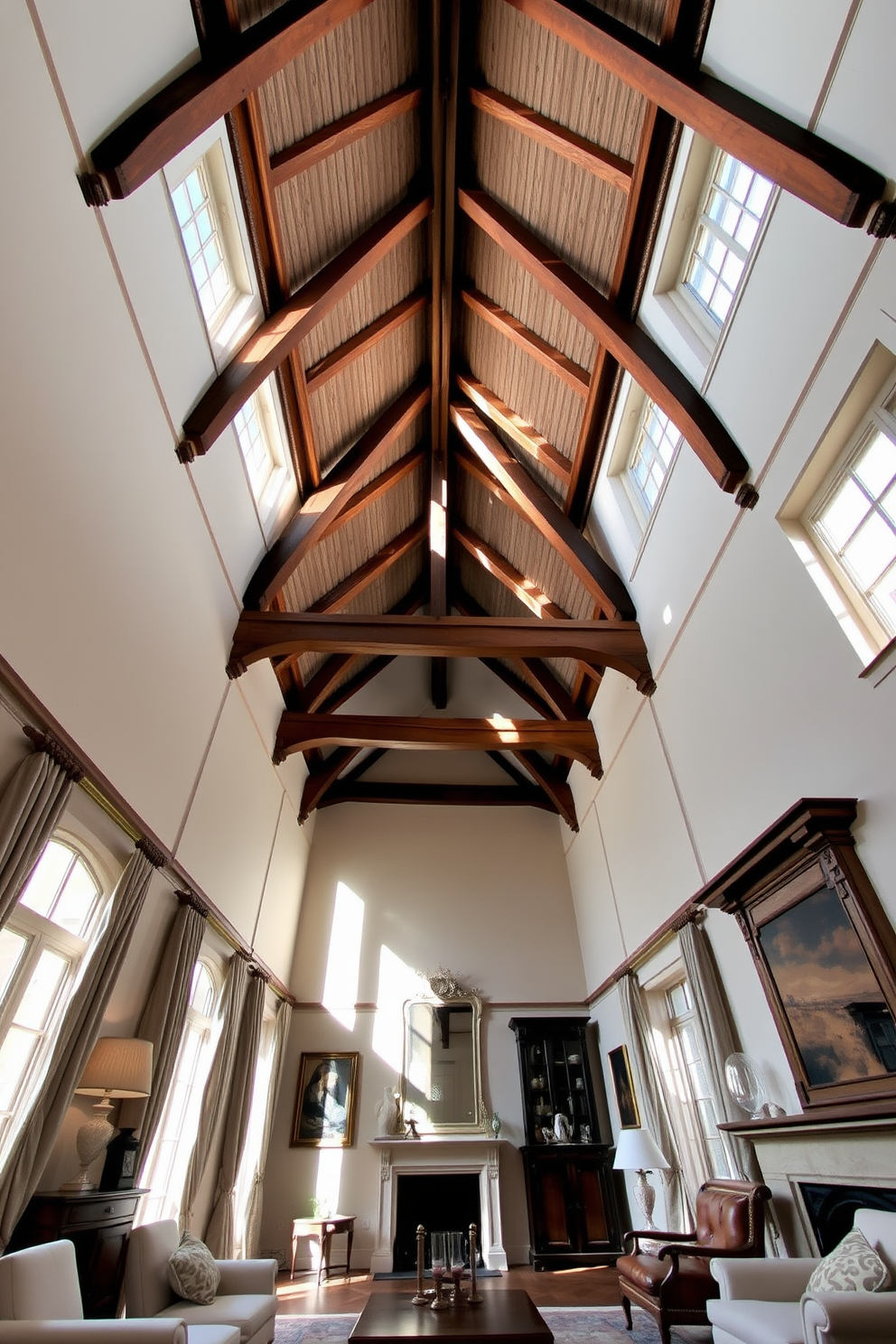 High ceilings showcase the grandeur of a European apartment, accentuated by exposed wooden beams that add warmth and character. The space is filled with natural light pouring in through large windows, highlighting elegant furnishings and rich textures throughout the room.