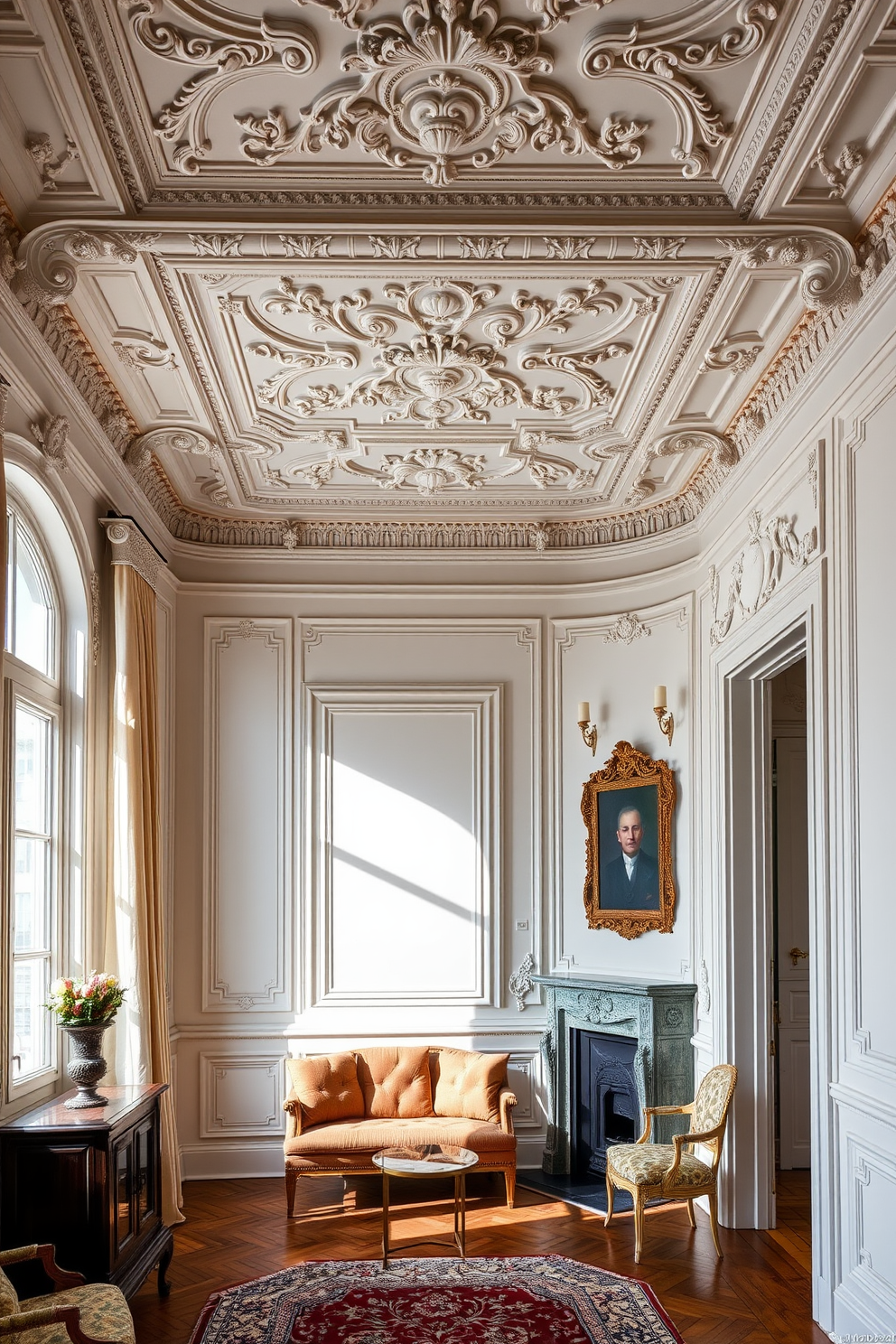 A luxurious European apartment featuring plaster walls adorned with intricate moulding that showcases classic architectural details. The space is filled with natural light, enhancing the elegance of the rich textures and colors throughout the room.