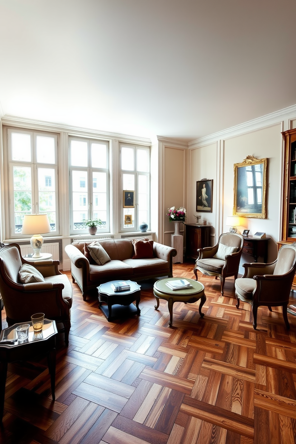 A cozy European apartment features herringbone wood flooring that adds classic charm to the space. The warm tones of the wood complement the soft, neutral color palette of the walls and furnishings. Large windows allow natural light to flood the room, highlighting the intricate patterns of the flooring. Elegant furnishings, such as a plush sofa and vintage armchairs, create an inviting atmosphere perfect for relaxation.