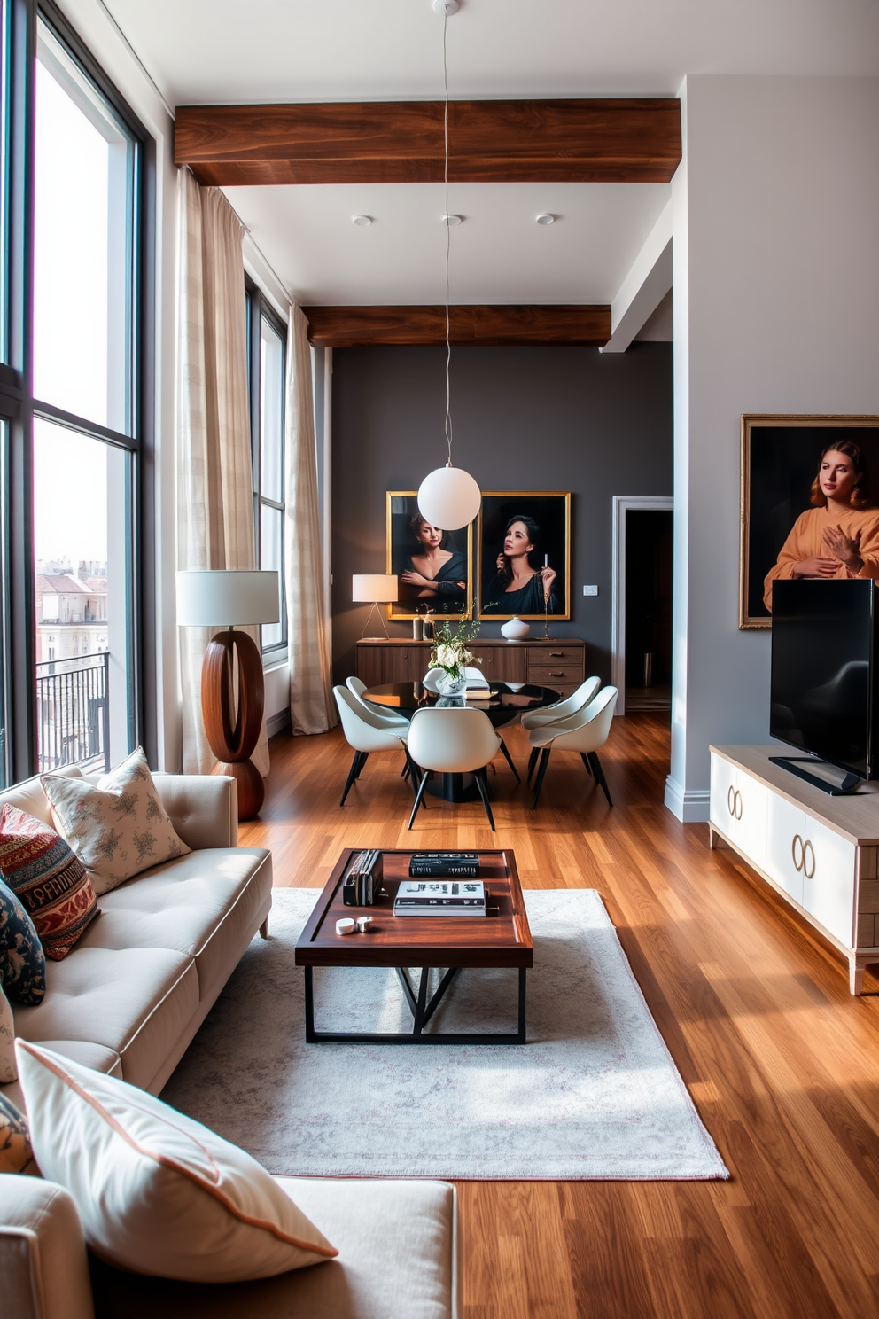 A spacious European apartment featuring large windows that flood the interior with natural light. The living area showcases a blend of modern and classic furniture, with a plush sofa and a vintage coffee table. The walls are adorned with elegant artwork, complementing the warm wooden flooring. A stylish dining area is positioned near the windows, with a sleek table and designer chairs for an inviting atmosphere.