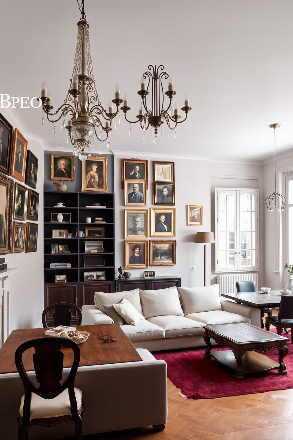 A stylish European apartment featuring a blend of antique and contemporary decor. The living room showcases a vintage chandelier hanging above a modern sectional sofa, complemented by an ornate coffee table. On one wall, a gallery of framed classic paintings contrasts beautifully with sleek, minimalist shelving. The dining area includes a rustic wooden table surrounded by contemporary chairs, with a large window allowing natural light to fill the space.