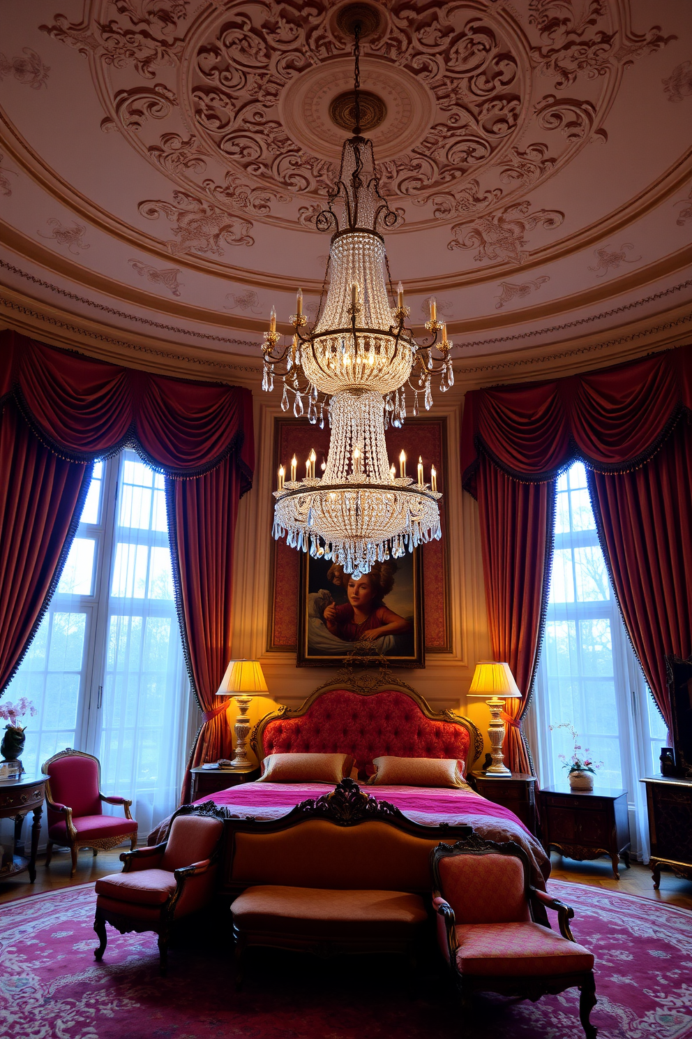 A luxurious European bedroom featuring a grand chandelier that cascades light with intricate crystal details. The room is adorned with plush fabrics in rich colors, complemented by antique furniture and elegant drapery framing tall windows.