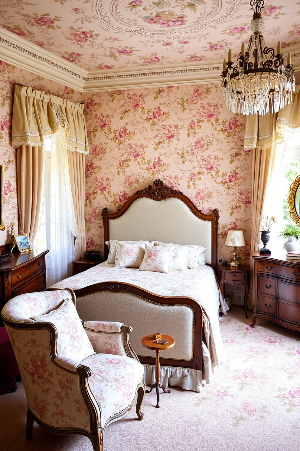 A romantic European bedroom features floral wallpaper adorned with soft pastel colors and intricate patterns. The room includes a plush upholstered bed with an elegant headboard, complemented by delicate lace curtains that filter the natural light. Antique wooden furniture pieces, such as a vintage dresser and bedside tables, add charm and character to the space. A cozy reading nook with a comfortable armchair and a small side table enhances the inviting atmosphere, perfect for relaxation.