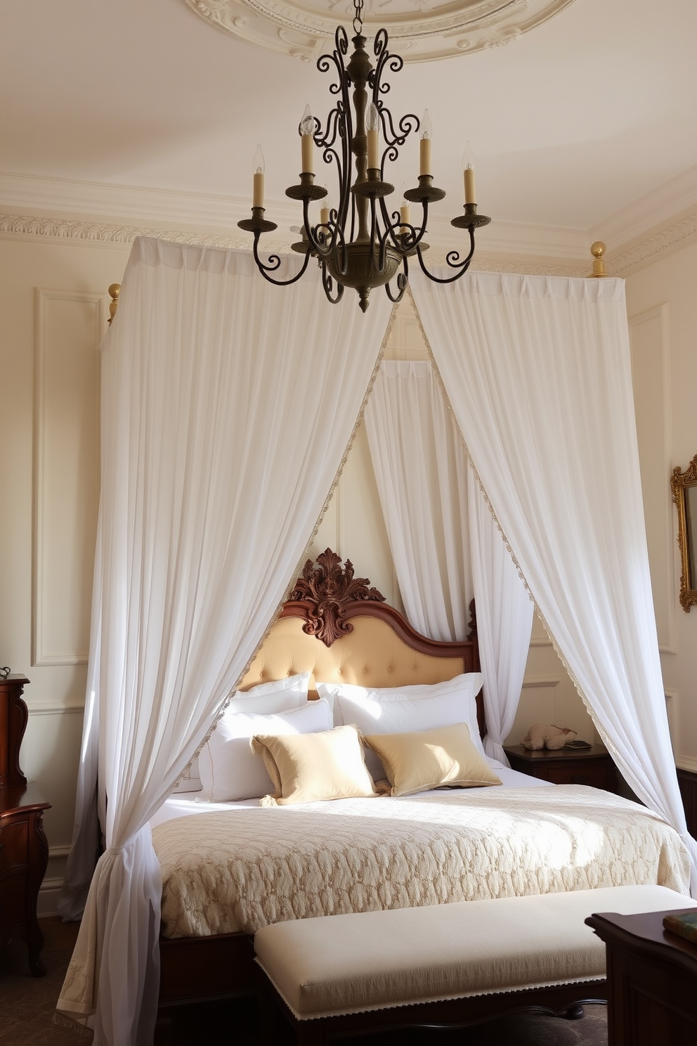 A dreamy bedroom setting featuring a luxurious canopy bed draped with sheer white fabric. The bed is adorned with plush pillows and a soft quilt, creating an inviting and cozy atmosphere. The walls are painted in a soft pastel hue, complemented by elegant wooden furniture that adds warmth to the space. A vintage chandelier hangs from the ceiling, casting a gentle glow over the room.