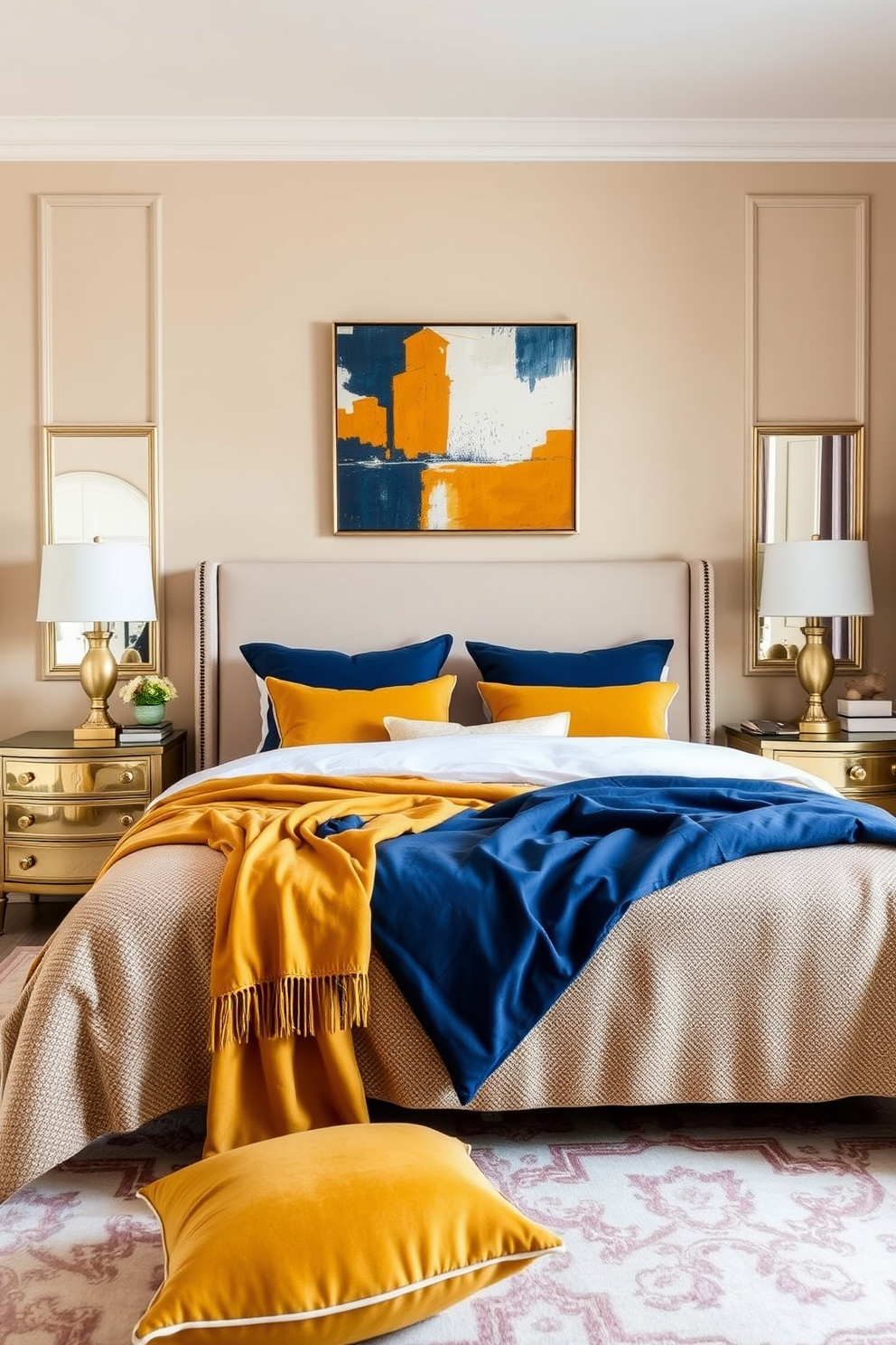 Create a serene European bedroom that features neutral tones complemented by bold accent colors. The walls are painted in a soft beige, while the bedding showcases vibrant hues of deep blue and rich mustard. Incorporate a plush upholstered headboard and elegant nightstands with gold accents on either side of the bed. A statement artwork above the bed adds a pop of color, and a cozy area rug ties the room together with a touch of warmth.