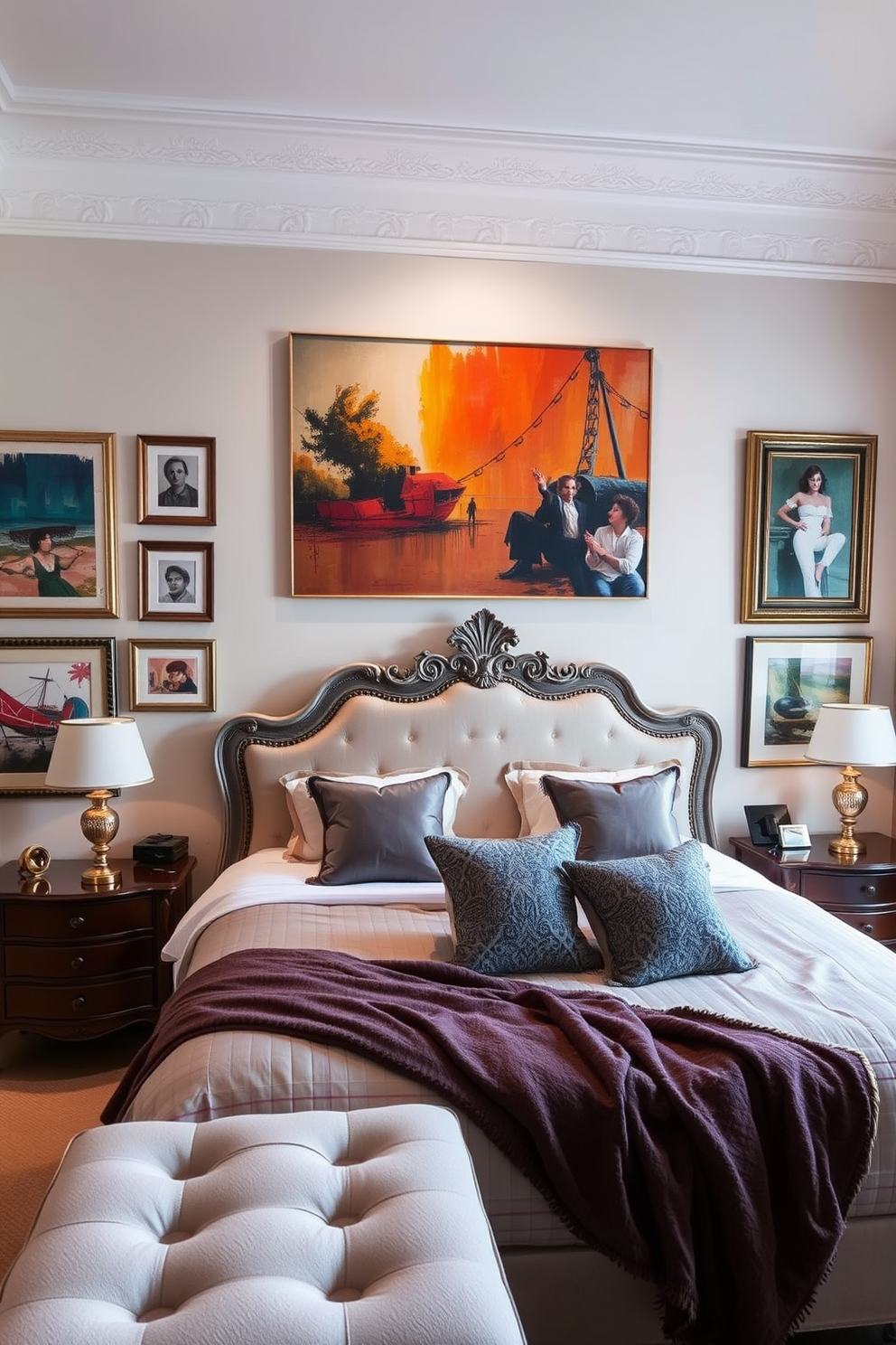 Artistic wall art for personal expression. The walls are adorned with a mix of abstract paintings and framed photographs, creating a vibrant and dynamic atmosphere. European Bedroom Design Ideas. The room features a plush king-sized bed with an ornate headboard, complemented by elegant bedside tables and soft, ambient lighting.