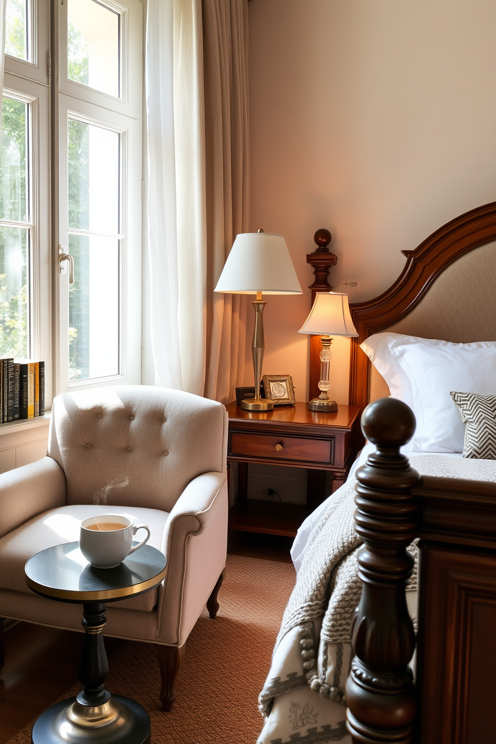 A cozy reading nook by the window features a plush armchair upholstered in soft fabric, with a small side table holding a steaming cup of tea. Natural light floods the space, highlighting a collection of books neatly arranged on a nearby shelf. The European bedroom design incorporates a beautifully crafted wooden bed frame adorned with luxurious linens and decorative pillows. Soft, ambient lighting emanates from stylish bedside lamps, creating a warm and inviting atmosphere.