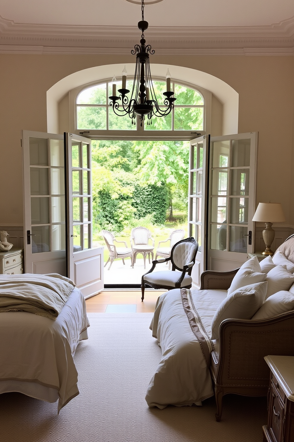 A serene European bedroom featuring elegant French doors that open to a lush outdoor space. The room is adorned with soft neutral tones, plush bedding, and vintage furniture that exudes charm and comfort.