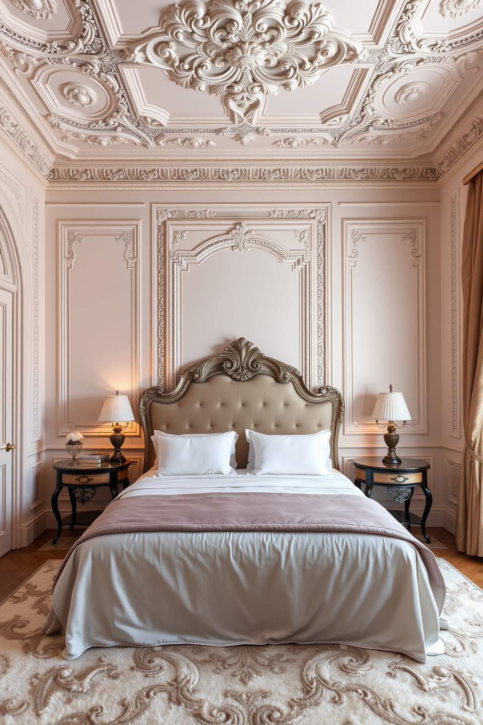 A luxurious European bedroom features intricate decorative moldings that add architectural interest to the space. The walls are adorned with soft pastel colors, and the ceiling boasts a beautifully detailed crown molding that enhances the room's elegance. The bed is dressed in high-quality linens with an ornate headboard that complements the moldings. Elegant bedside tables with antique lamps flank the bed, and a plush area rug lies beneath, adding warmth and texture to the room.