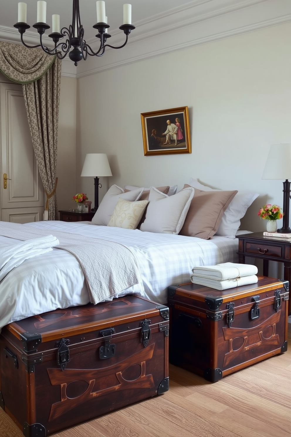 A charming European bedroom featuring vintage trunks as stylish storage solutions. The trunks are placed at the foot of a beautifully made bed with luxurious linens and plush pillows.