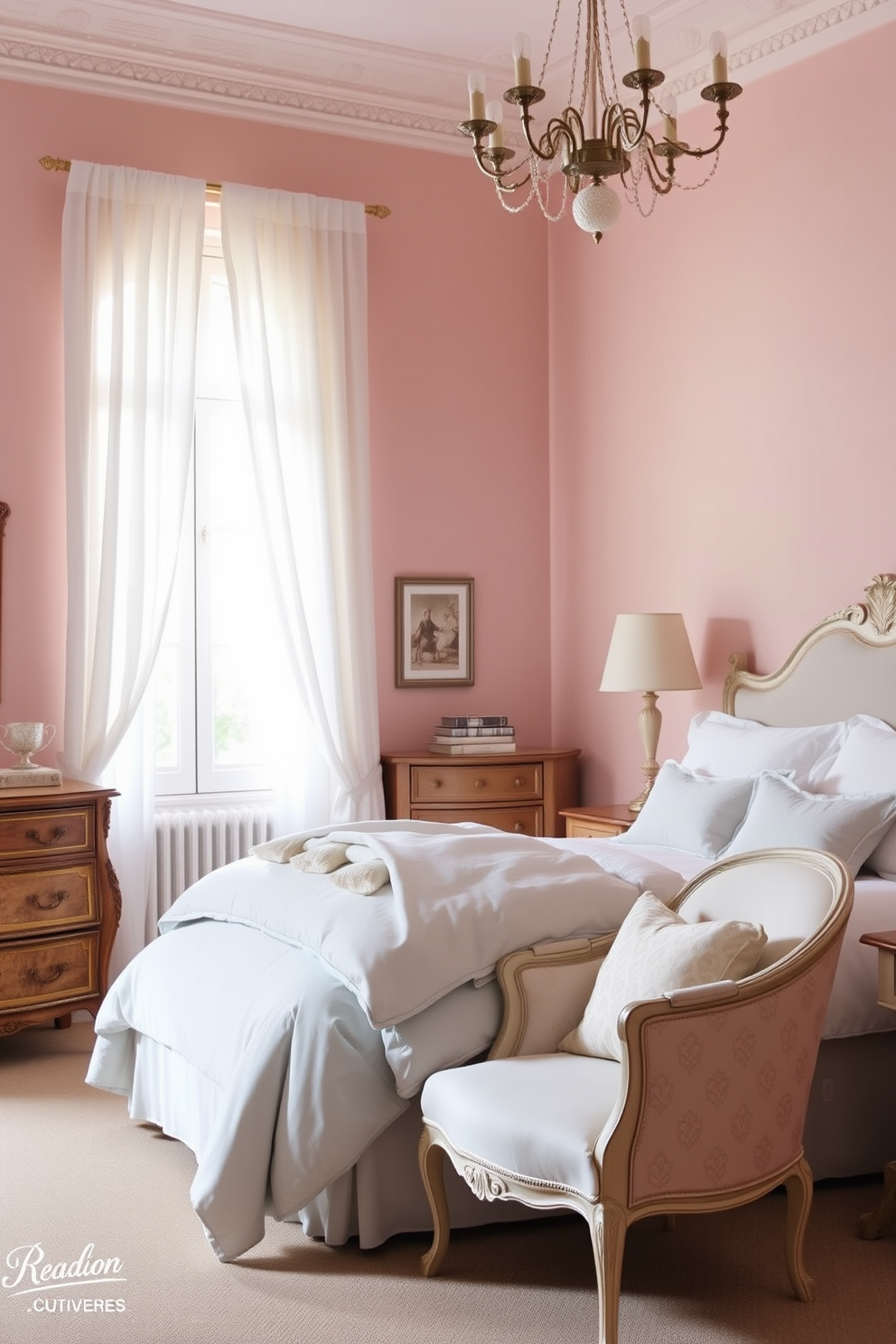 A serene European bedroom setting features soft pastel color palettes that create a calming atmosphere. The walls are painted in a gentle blush pink, complemented by light blue bedding and fluffy white pillows on a plush upholstered bed. Natural light streams in through sheer white curtains, illuminating the room's elegant furnishings. A vintage wooden dresser and a cozy reading nook with a pastel armchair complete the tranquil design.