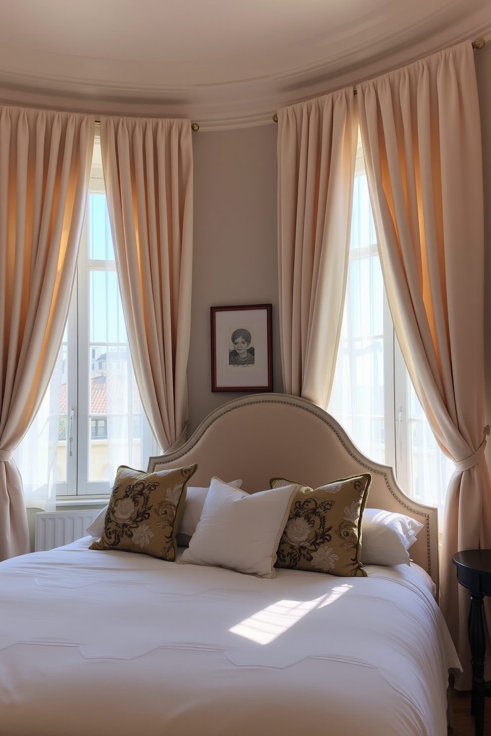 A serene European bedroom setting featuring soft drapery that gently frames the windows creating a cozy atmosphere. The bed is dressed in luxurious linens with a plush headboard and decorative pillows that invite relaxation.