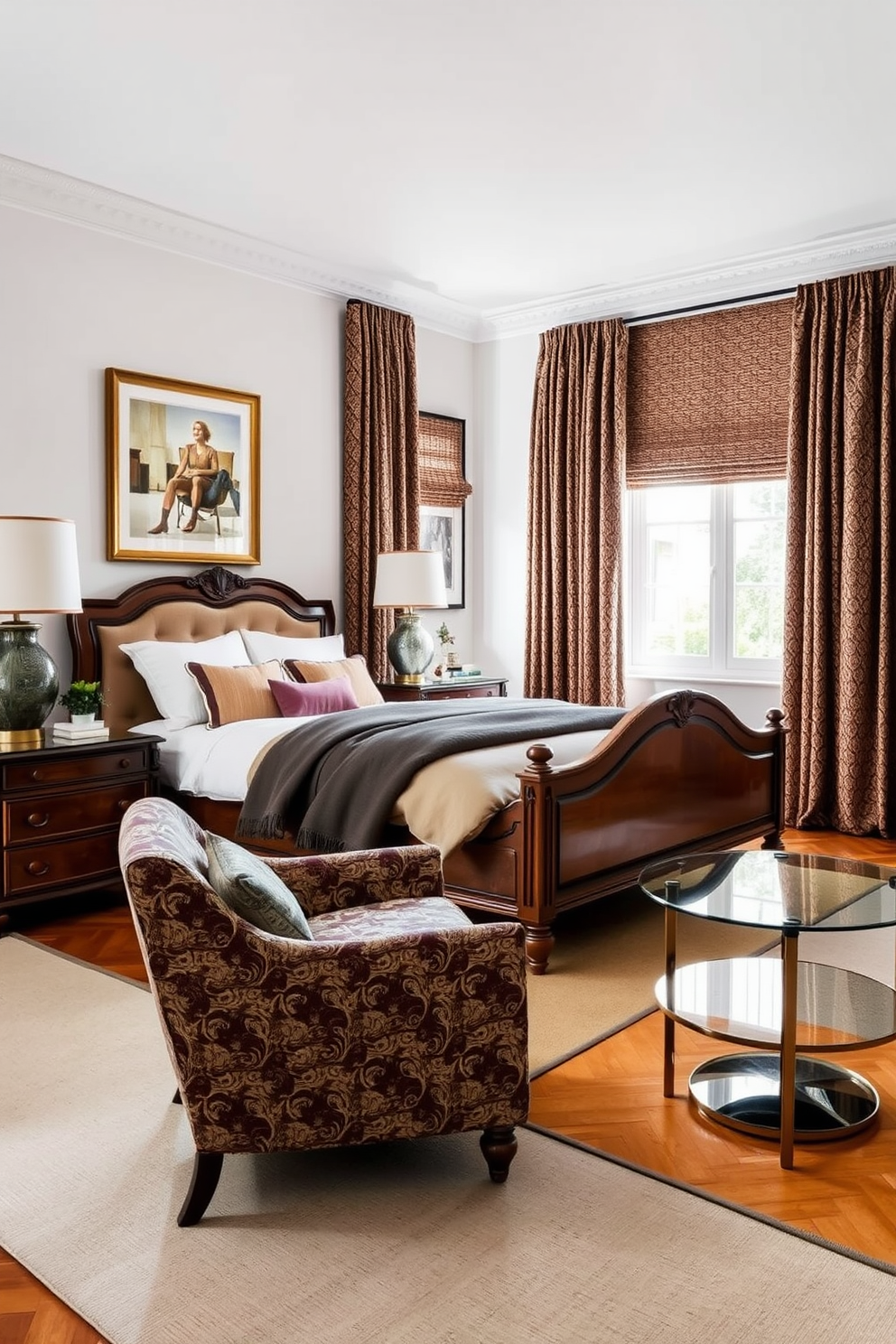 Eclectic bedroom design featuring a harmonious blend of modern and traditional European elements. The room showcases a vintage wooden bed frame adorned with luxurious bedding, complemented by contemporary artwork on the walls. A stylish armchair in a bold fabric sits in one corner, alongside a sleek glass side table. Rich, textured curtains frame the windows, allowing soft natural light to illuminate the space.