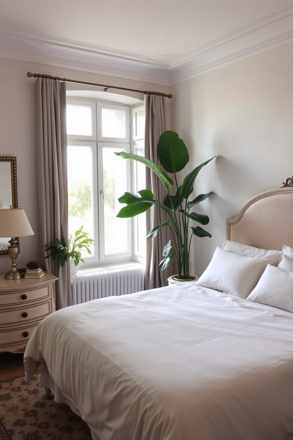 A serene European bedroom filled with natural light. The space features a plush king-sized bed dressed in soft linens, flanked by elegant nightstands with vintage lamps. Indoor plants are strategically placed in the corners, adding a fresh touch to the decor. A large leafy plant sits beside the window, while smaller succulents adorn the nightstands.