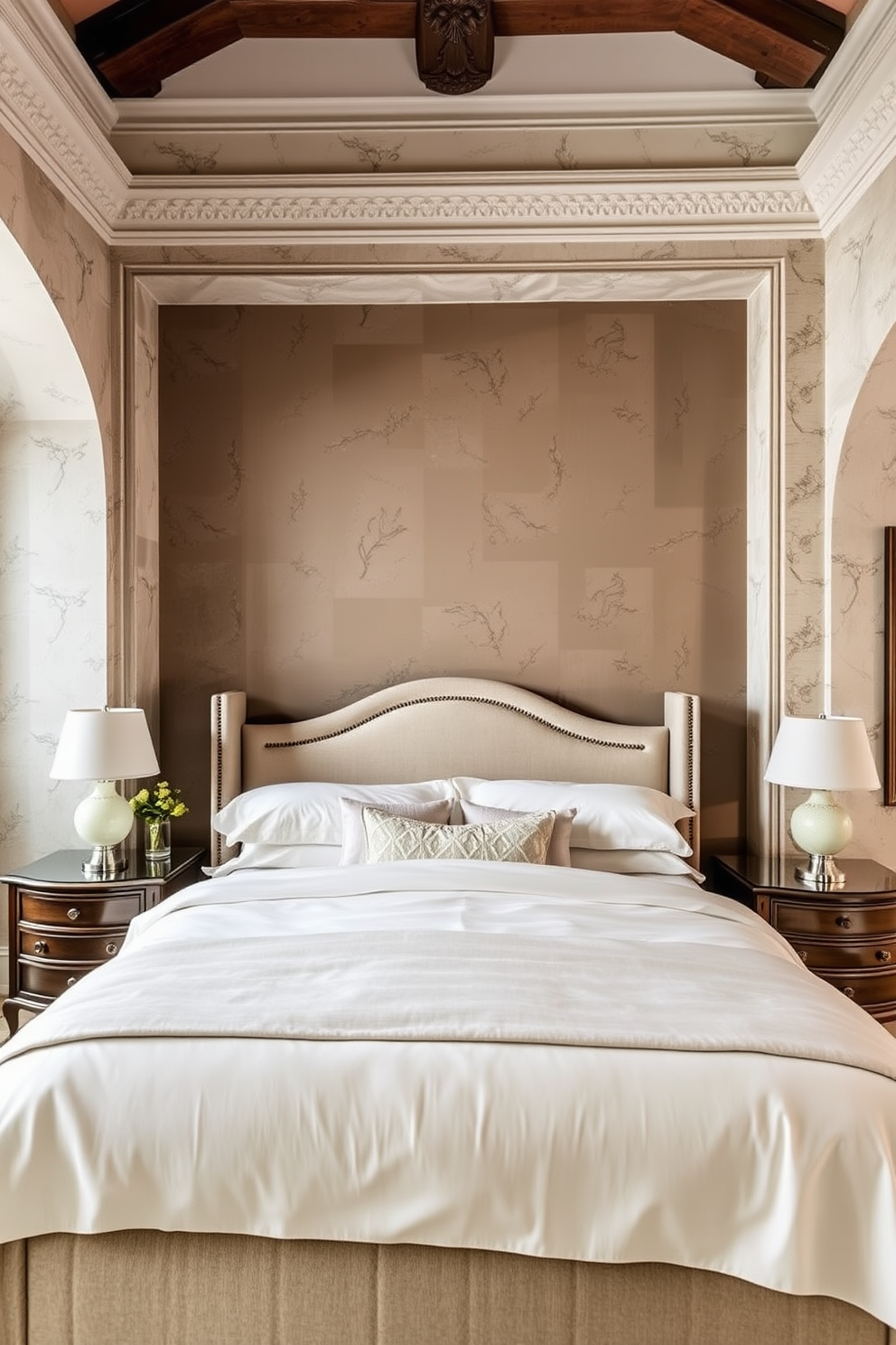 A cozy European bedroom featuring textured wall finishes that add depth and character. The space is adorned with a plush upholstered bed dressed in soft linens, complemented by elegant nightstands on either side.