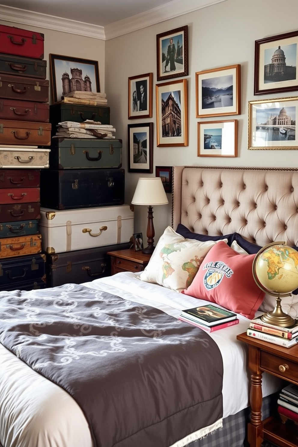 A cozy European bedroom filled with personalized decor that showcases travel memories. Vintage suitcases are stacked in one corner, while framed photographs from various destinations adorn the walls. A plush bed with a tufted headboard is dressed in soft linens featuring colors inspired by the Mediterranean. A wooden bedside table holds a small globe and a collection of travel-themed books, adding character to the space.