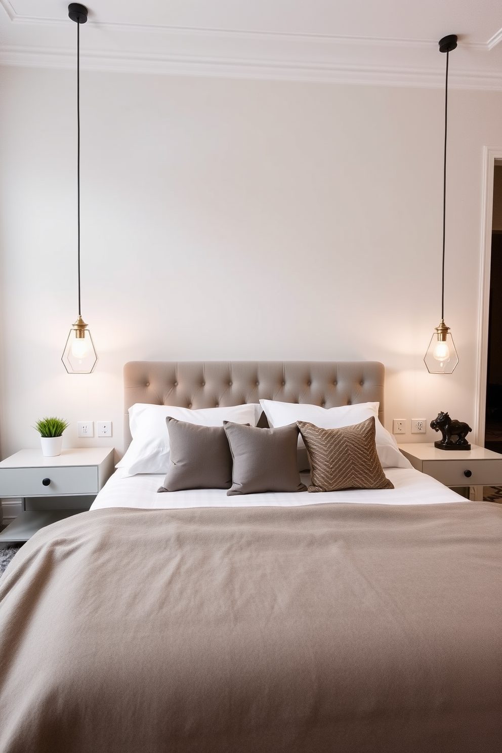 A contemporary European bedroom features sleek furniture lines that create a harmonious and minimalist aesthetic. The bed is low-profile with a plush upholstered headboard, complemented by matching nightstands with clean, geometric shapes. Soft lighting is provided by elegant pendant lights that hang above the nightstands, casting a warm glow throughout the space. The color palette consists of muted tones, such as soft grays and whites, accented by rich textures in the bedding and decorative pillows.