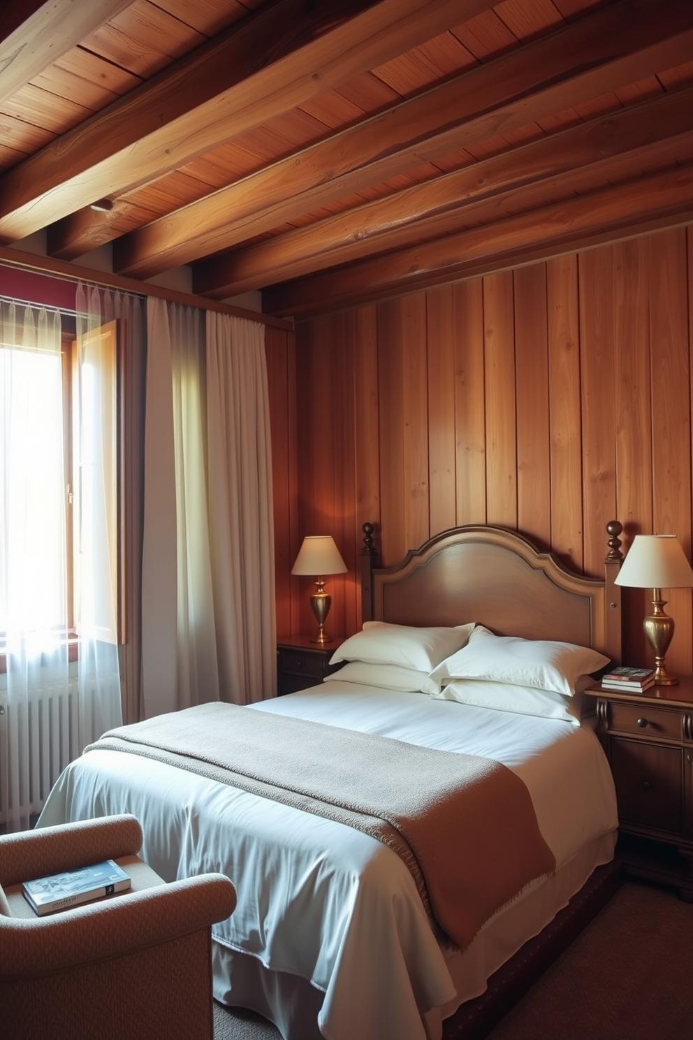 A cozy European bedroom featuring warm wood tones throughout the space. The bed is adorned with plush linens and a soft throw blanket, while wooden nightstands flank each side, holding elegant lamps. Natural light filters through sheer curtains, illuminating the rich wooden beams on the ceiling. A vintage armchair sits in the corner, inviting relaxation with a small side table and a stack of books.