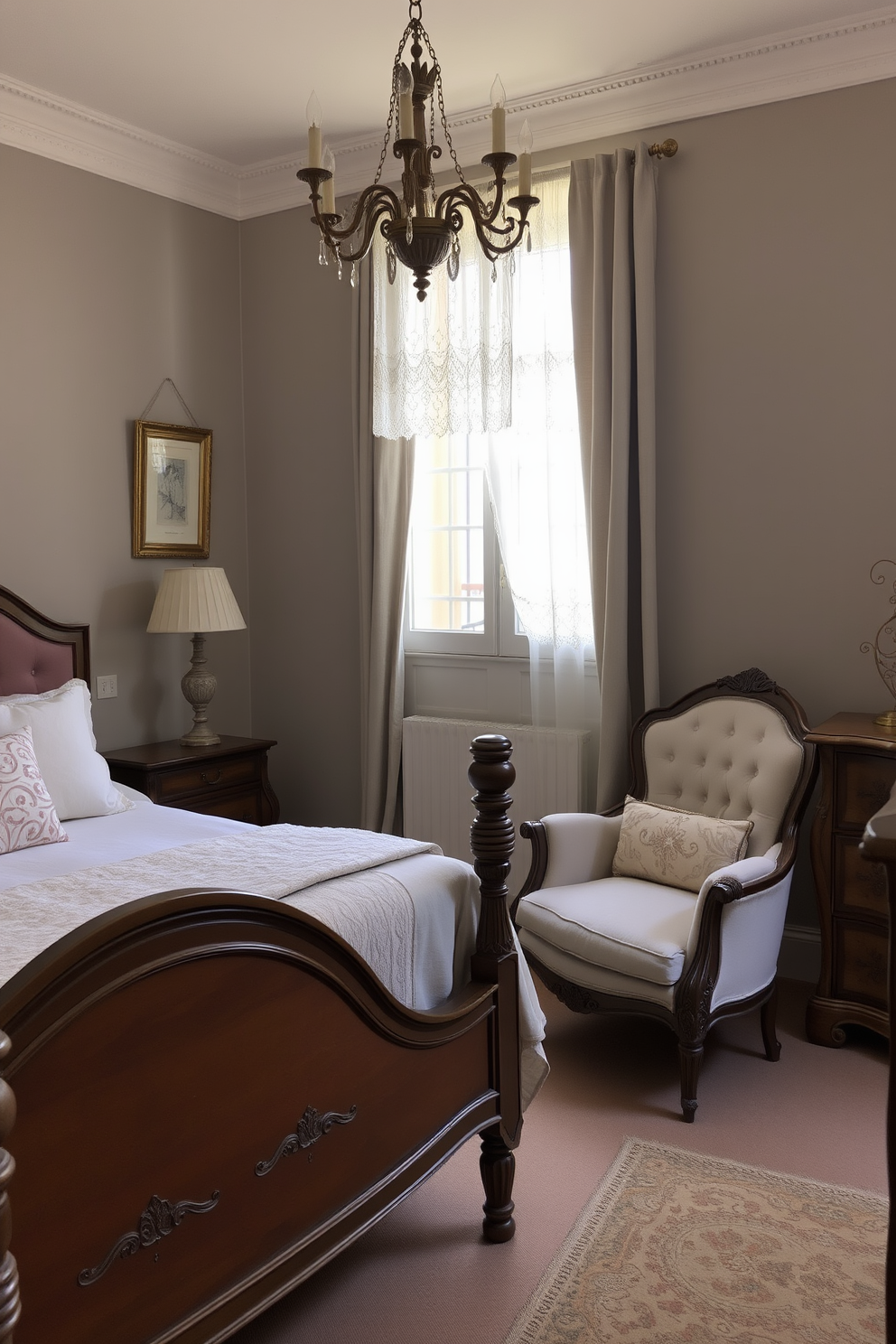 A cozy European bedroom features vintage furniture pieces that exude classic charm. The room is adorned with an ornate wooden bed frame, a plush velvet armchair, and an antique dresser with intricate carvings. Soft, muted colors dominate the walls, creating a serene atmosphere. A delicate lace curtain gently drapes over the window, allowing soft natural light to filter in.