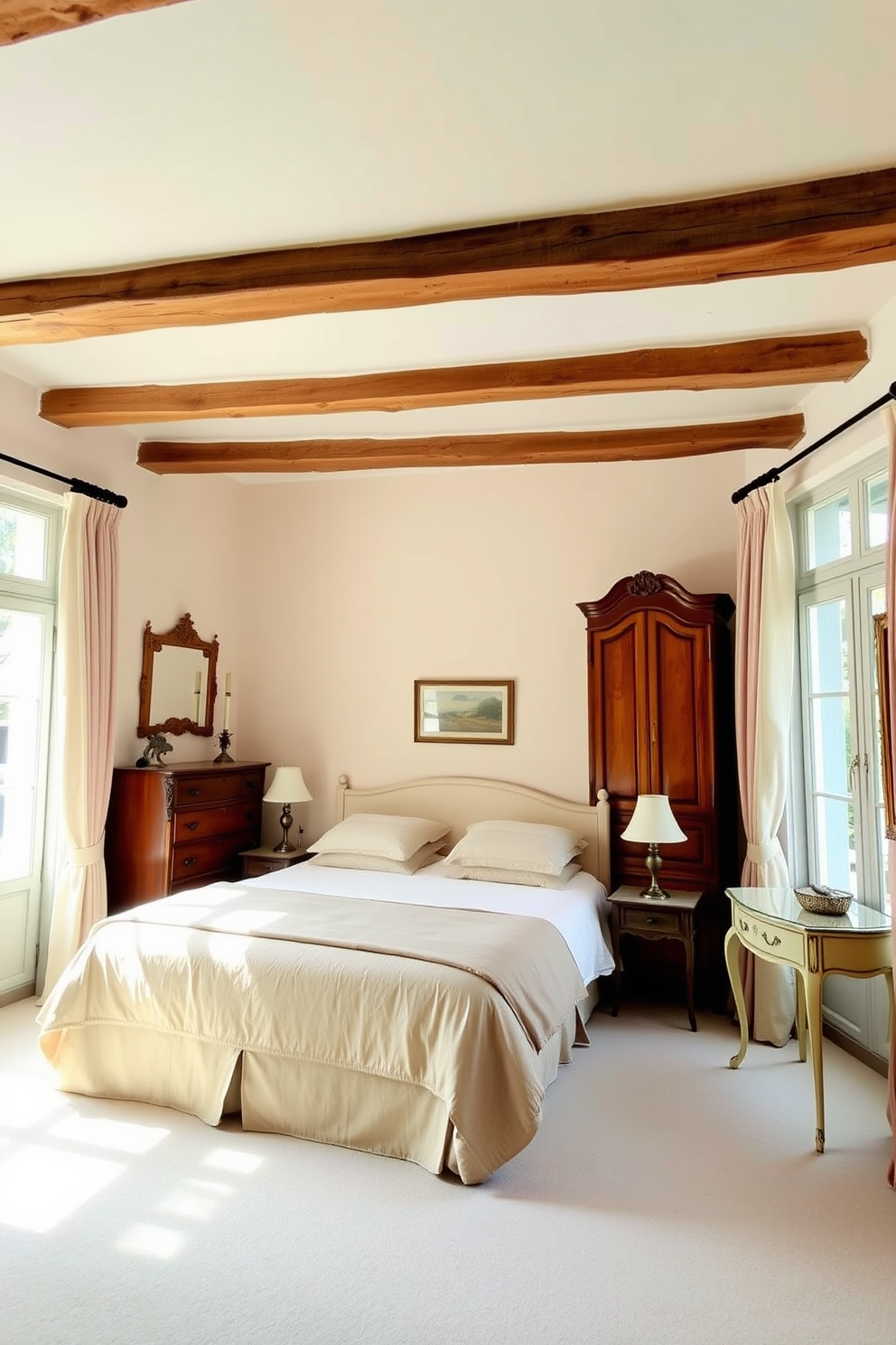 A cozy European bedroom featuring exposed wooden beams that add rustic charm to the space. The walls are adorned with soft pastel colors, and a plush king-size bed is dressed in luxurious linens. A vintage wooden dresser sits against one wall, complemented by a pair of elegant bedside tables. Large windows draped with flowing curtains allow natural light to fill the room, enhancing the warm ambiance.