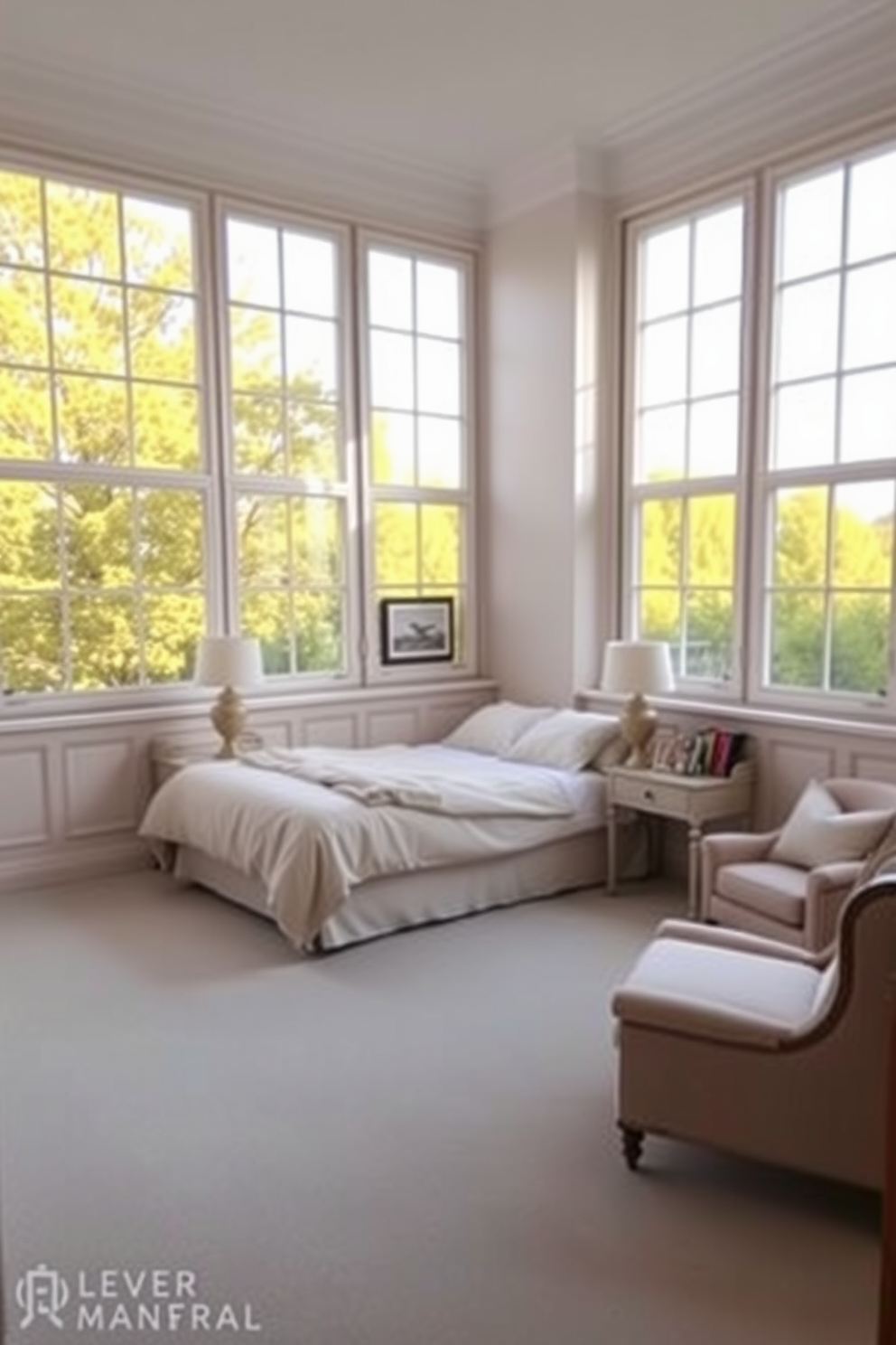 A serene European bedroom with large windows allowing abundant natural light to fill the space. The room features a plush king-sized bed dressed in soft linens, complemented by elegant bedside tables adorned with stylish lamps. The walls are painted in a soft pastel hue, creating a calming atmosphere. A cozy armchair sits in the corner, next to a small bookshelf filled with well-loved novels.