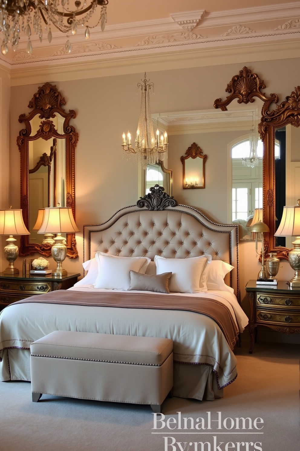 Create an elegant European bedroom featuring ornate mirrors that reflect natural light and enhance the sense of space. The room should include a plush bed with an upholstered headboard, surrounded by vintage nightstands adorned with decorative lamps.