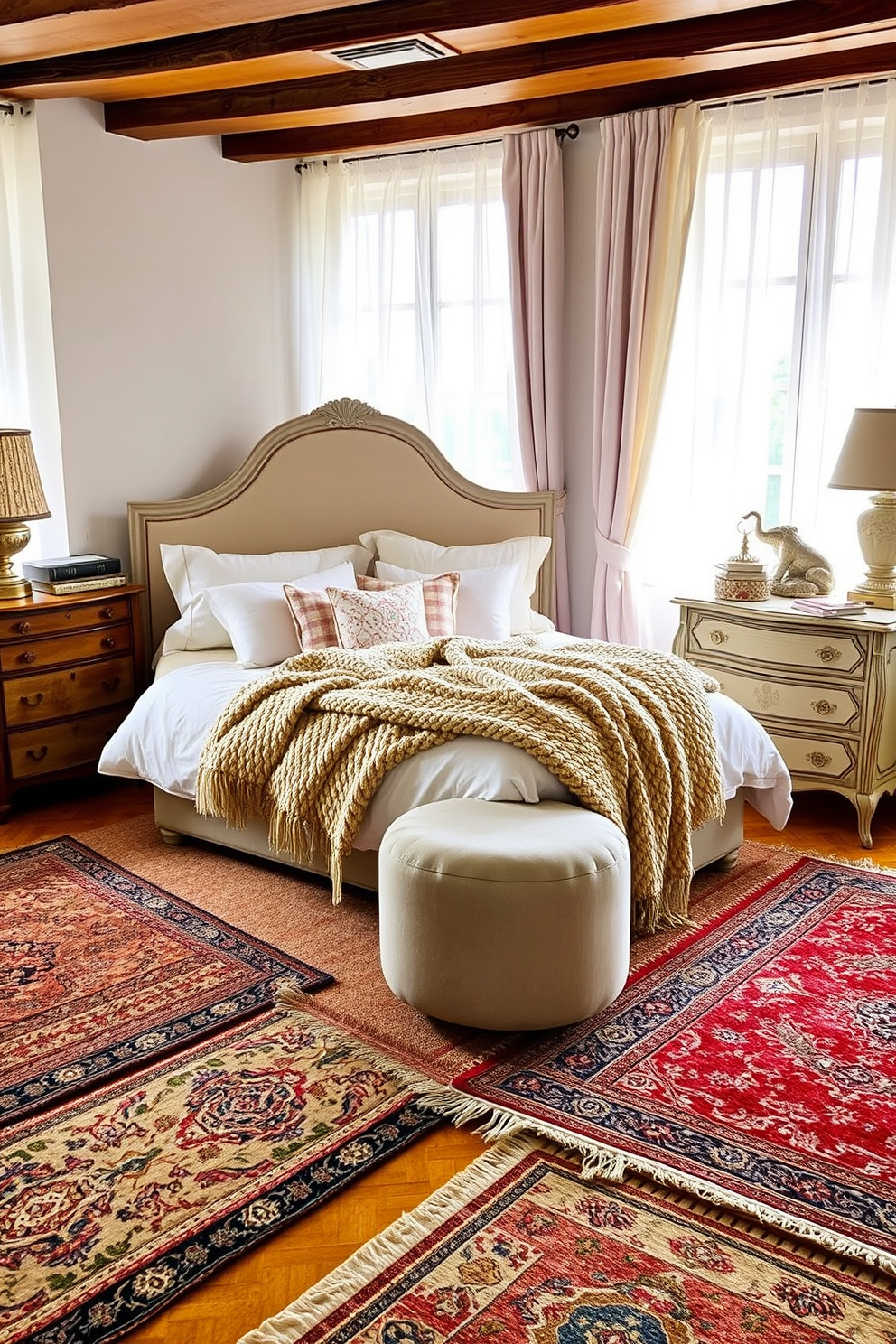 A cozy European bedroom features layered rugs of varying textures and colors, creating a warm and inviting atmosphere. The bed is dressed in soft linens with an elegant headboard, complemented by plush pillows and a chunky knit throw. Natural light filters through sheer curtains, illuminating the space and highlighting the intricate patterns of the rugs. A vintage dresser adorned with decorative accents and a bedside table with a stylish lamp complete the serene ambiance.