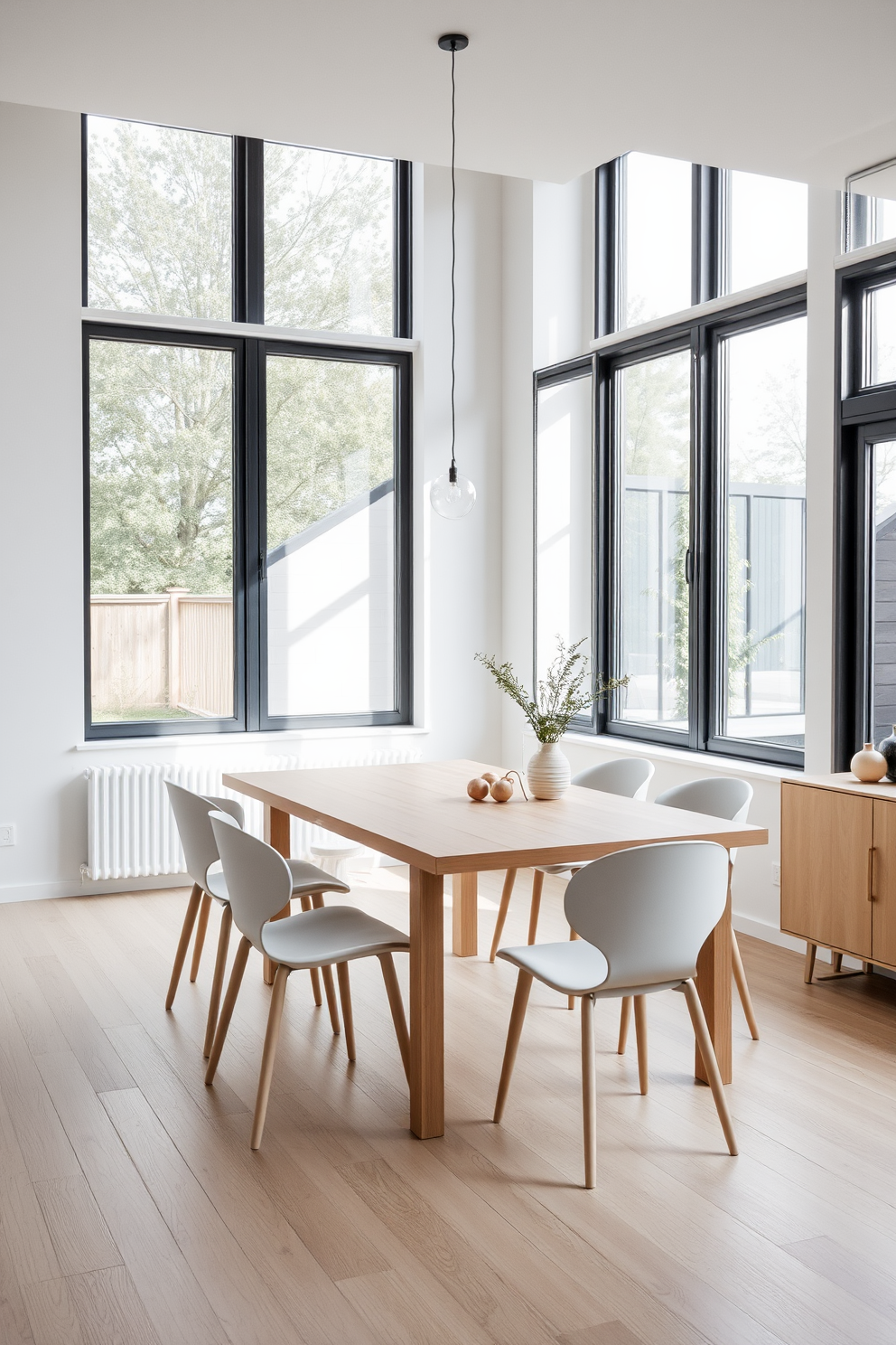 A minimalist Scandinavian dining room features a light wood table surrounded by simple, elegant chairs. Large windows allow natural light to flood the space, highlighting the soft neutral color palette of the walls and decor.