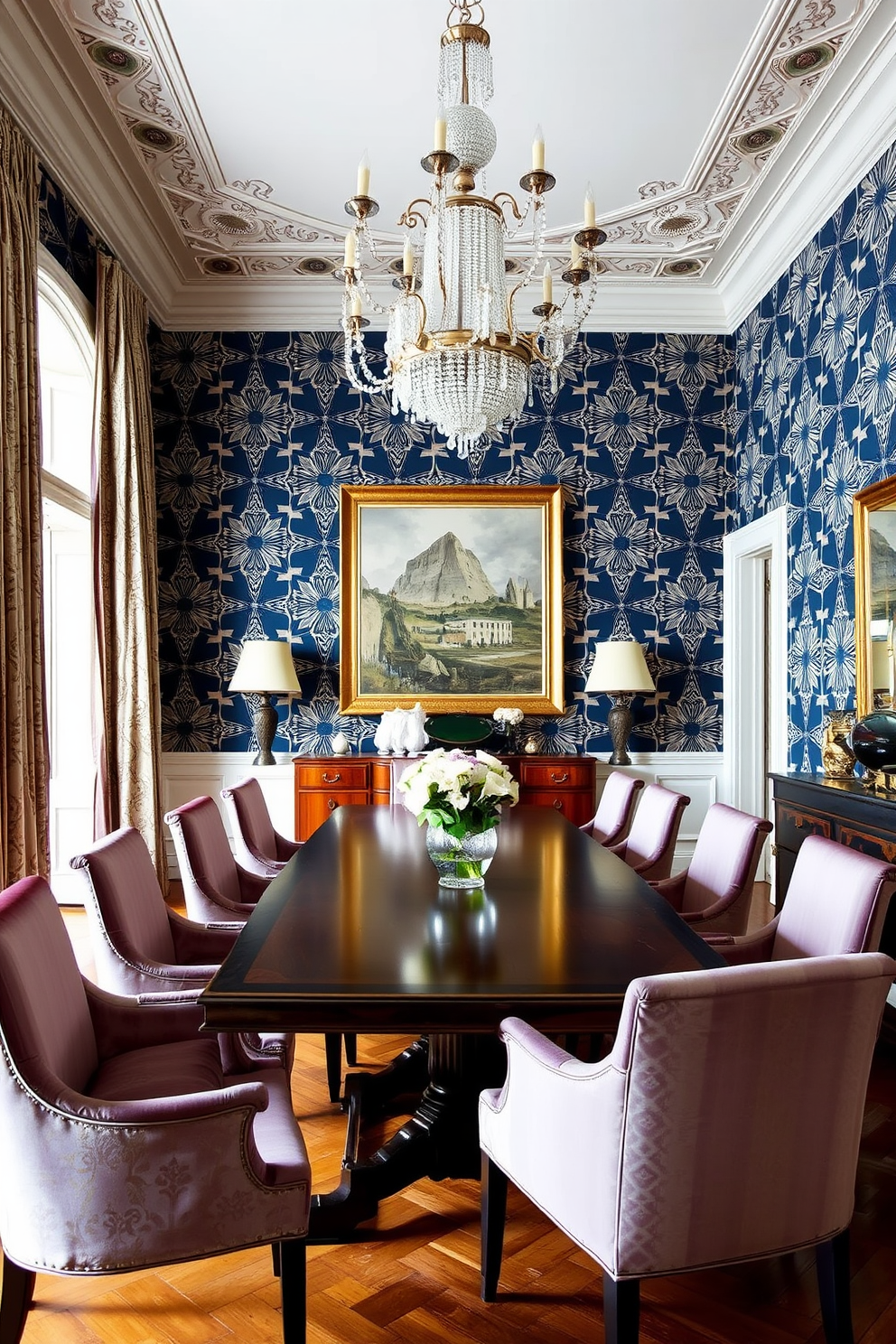 A European dining room featuring bold wallpaper adorned with geometric patterns that create a striking focal point. The room is elegantly furnished with a long wooden dining table surrounded by plush upholstered chairs, complemented by a stunning chandelier overhead.