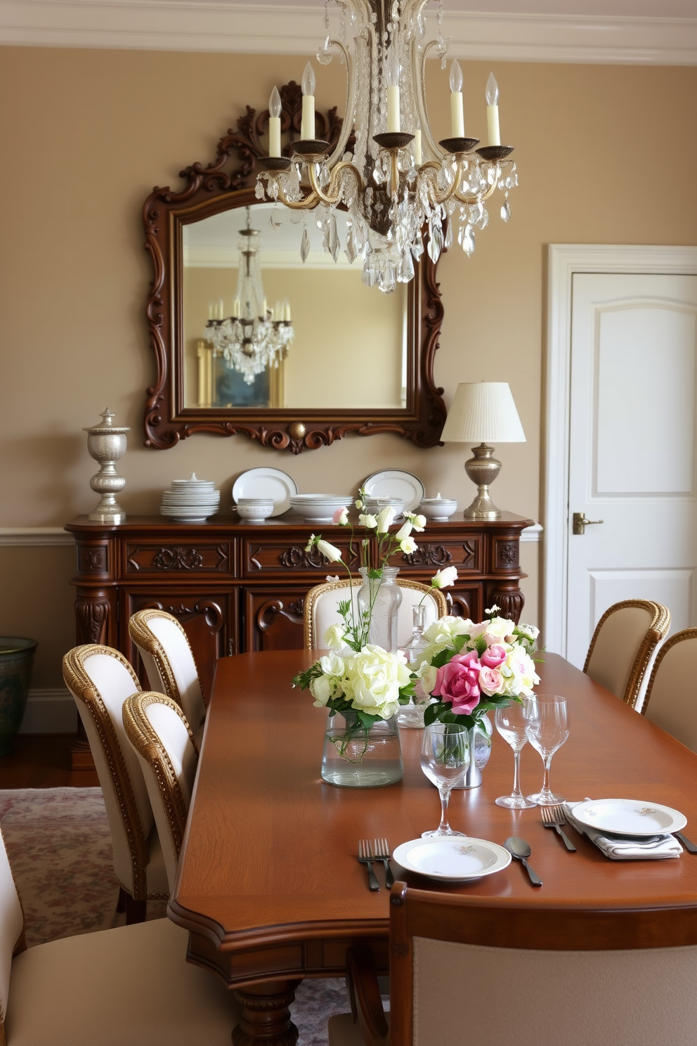 A traditional European buffet with intricate carvings and a rich mahogany finish stands against the wall, providing ample storage for fine china and linens. Above the buffet, a large ornate mirror reflects the warm light from a crystal chandelier, enhancing the elegance of the dining room. The dining table is a long, rectangular piece made of polished oak, surrounded by plush upholstered chairs in a soft cream fabric. Delicate floral arrangements in vintage vases adorn the table, complemented by elegant place settings featuring fine dinnerware and sparkling glassware.