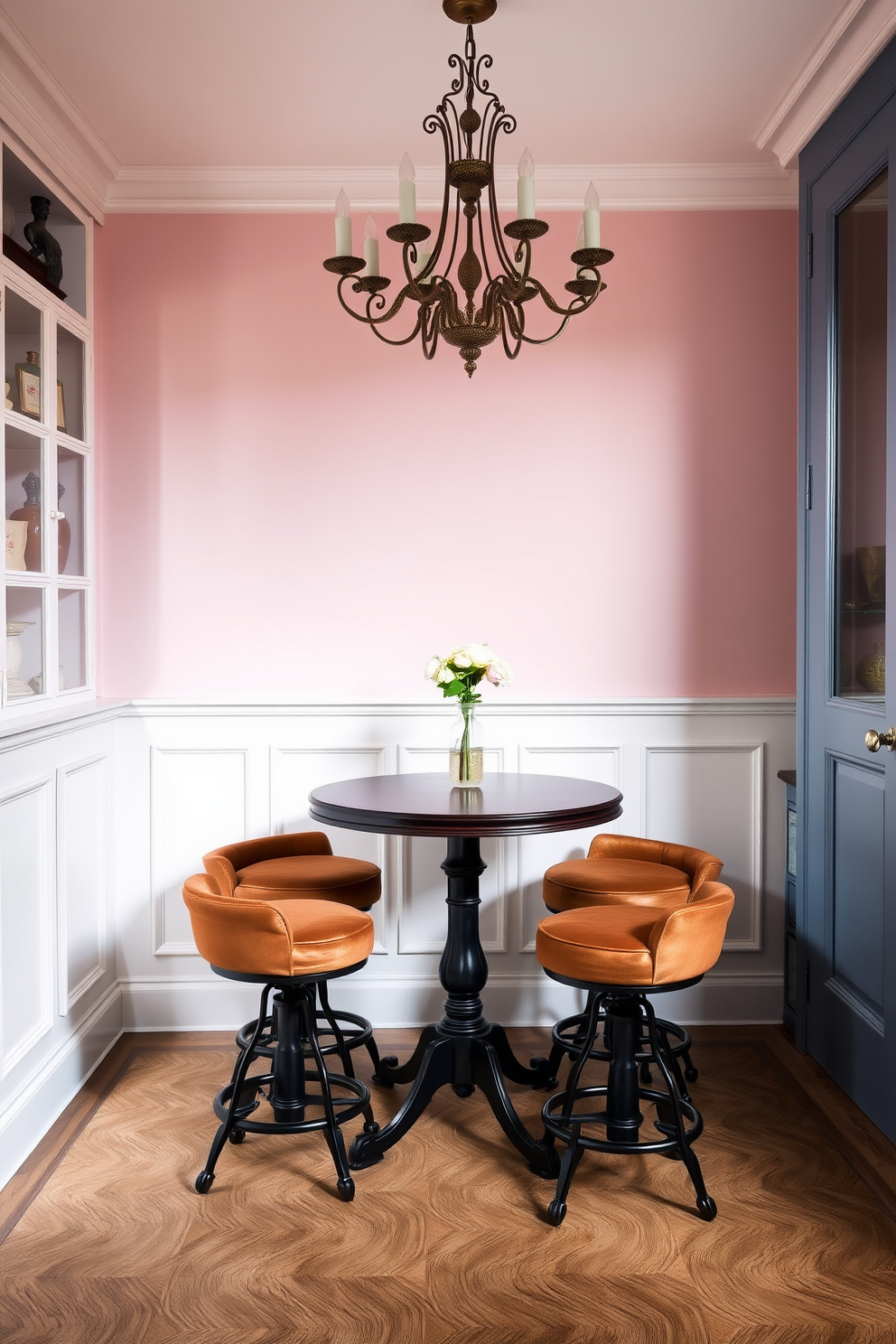 A European dining room filled with soft pastel colors creates a serene and inviting atmosphere. The table is elegantly set with delicate china, surrounded by upholstered chairs in light hues, and a stunning chandelier hangs above, casting a warm glow. The walls are adorned with subtle floral wallpaper that complements the color palette, while large windows allow natural light to flood the room. A sideboard displays tasteful decor items and fresh flowers, enhancing the overall charm of the space.