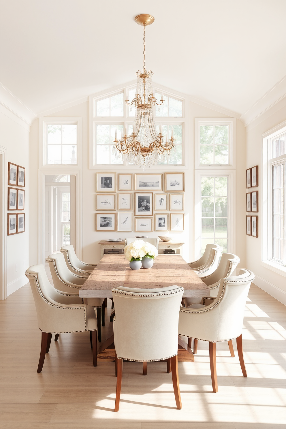 Bright and airy space with large windows that allow natural light to flood the room. The dining table is made of reclaimed wood and surrounded by elegant upholstered chairs in soft pastel hues. A stunning chandelier hangs above the table, adding a touch of sophistication. The walls are painted in a light cream color, complemented by a beautiful gallery of framed artwork.