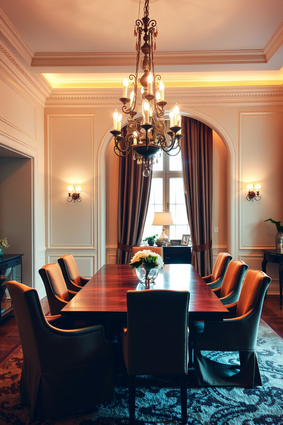 A stunning European dining room featuring an elegant wooden dining table surrounded by plush upholstered chairs. The space is adorned with glamorous gold fixtures including a magnificent chandelier and decorative accents on the table. The walls are painted in a soft cream color, enhancing the warmth of the room. Large windows draped with sheer curtains allow natural light to flood in, creating an inviting atmosphere.